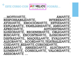 +ESTE CURSO CON PODRÁS…
…MOTIVARTE, AMARTE,
RESPONSABILIZARTE, INTERESARTE,
AYUDARTE, EMOCIONARTE, ESTUDIARTE,
EXPLORARTE, FAMILIARIZARTE, AMIGARTE,
APRECIARTE, AUTOESTIMARTE,
ILUSIONARTE, REGENERARTE, OBLIGARTE,
BUSCARTE, ENCONTRARTE, ILUSIONARTE,
DISFRAZARTE, MAQUILLARTE, EVALUARTE,
ALEGRARTE, ACORDARTE,TEATRALIZARTE,
CUIDARTE,BESARTE,CURIOSEARTE,
ABRAZARTE, ARRIESGARTE, ALUCINARTE,
ILUMINARTE, CONSOLARTE, VALORIZARTE,
ASESORARTE …
 