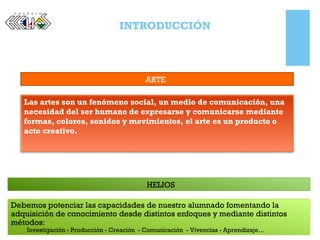 + INTRODUCCIÓN
ARTE
Las artes son un fenómeno social, un medio de comunicación, una
necesidad del ser humano de expresarse y comunicarse mediante
formas, colores, sonidos y movimientos, el arte es un producto o
acto creativo.
HELIOS
Debemos potenciar las capacidades de nuestro alumnado fomentando la
adquisición de conocimiento desde distintos enfoques y mediante distintos
métodos:
Investigación - Producción - Creación - Comunicación - Vivencias - Aprendizaje…
 