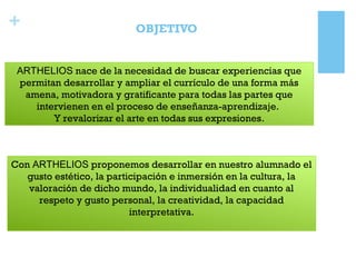 + OBJETIVO
ARTHELIOS nace de la necesidad de buscar experiencias que
permitan desarrollar y ampliar el currículo de una forma más
amena, motivadora y gratificante para todas las partes que
intervienen en el proceso de enseñanza-aprendizaje.
Y revalorizar el arte en todas sus expresiones.
Con ARTHELIOS proponemos desarrollar en nuestro alumnado el
gusto estético, la participación e inmersión en la cultura, la
valoración de dicho mundo, la individualidad en cuanto al
respeto y gusto personal, la creatividad, la capacidad
interpretativa.
 