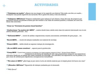 + ACTIVIDADES
“Cuéntame un cuadro” ¿Alguna vez una imagen te ha sugerido una historia? Una nube, una foto, un cuadro...
Cualquier cosa puede sugerirte una narración. Pon tu grano de arena y crea una historia.
“Callejeros ARTísticos” Proyecto colaborativo para trabajar el arte dentro y fuera del aula. Un proyecto que
permitirá conocer los grandes artistas que dan nombre a las calles de nuestros pueblos y ciudades, así como sus
obras más conocidas.
Crear un “Certamen de poesía visual familiar”
Confeccionar “La maleta del ARTE”…maleta donde tiene cabida toda clase de material relacionado con el arte
(libros, láminas, películas…etc)
“EnCaminARTE”… rincón de salidas a exposiciones, museos, excursiones, actividades de gran grupo… etc.
ReciclARTE. … rincón de trabajos realizados con material de reciclaje.
ProyectARTE… tablón donde se exponen trabajos de investigación.
¡En creARTE somos creativos! …espacio para la producción.
CompARTE “Cuando llueve comparto mi paraguas, si no tengo paraguas comparto la lluvia”. Enrique Ernesto Febbaro
Compartir es una forma de enseñar. En este caso, proponemos compartir una experiencia
educativa. Puede ser un trabajo que hayan realizado los alumn@s , una anécdota, una experiencia con los padres, o lo
que crean de utilidad para inspirarnos y enriquecernos mutuamente.
“Por amor al ARTE” ¿Qué hago yo por amor al arte, sin interés material, por el simple placer de hacer una cosa?
“¡Menudos ARTistas!” Exposición de trabajos realizados por el alumnado.
“Web Quest”
 