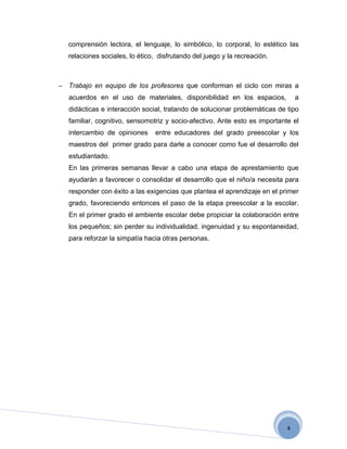 comprensión lectora, el lenguaje, lo simbólico, lo corporal, lo estético las
  relaciones sociales, lo ético, disfrutando del juego y la recreación.



− Trabajo en equipo de los profesores que conforman el ciclo con miras a
   acuerdos en el uso de materiales, disponibilidad en los espacios,            a
   didácticas e interacción social, tratando de solucionar problemáticas de tipo
   familiar, cognitivo, sensomotriz y socio-afectivo. Ante esto es importante el
   intercambio de opiniones     entre educadores del grado preescolar y los
   maestros del primer grado para darle a conocer como fue el desarrollo del
   estudiantado.
   En las primeras semanas llevar a cabo una etapa de aprestamiento que
   ayudarán a favorecer o consolidar el desarrollo que el niño/a necesita para
   responder con éxito a las exigencias que plantea el aprendizaje en el primer
   grado, favoreciendo entonces el paso de la etapa preescolar a la escolar.
   En el primer grado el ambiente escolar debe propiciar la colaboración entre
   los pequeños; sin perder su individualidad, ingenuidad y su espontaneidad,
   para reforzar la simpatía hacia otras personas.




                                                                            4
 