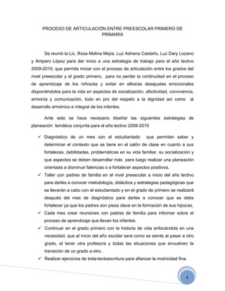 PROCESO DE ARTICULACIÓN ENTRE PREESCOLAR PRIMERO DE
                           PRIMARIA



      Se reunió la Lic. Rosa Molina Mejía, Luz Adriana Castaño, Luz Dary Lozano
y Amparo López para dar inicio a una estrategia de trabajo para el año lectivo
2009-2010, que permita iniciar con el proceso de articulación entre los grados del
nivel preescolar y el grado primero, para no perder la continuidad en el proceso
de aprendizaje de los niños/as y evitar en ellos/as desajustes emocionales
disponiéndolos para la vida en aspectos de socialización, afectividad, convivencia,
armonía y comunicación, todo en pro del respeto a la dignidad así como               al
desarrollo armónico e integral de los infantes.

      Ante esto se hace necesario diseñar las siguientes estrategias de
planeación temática conjunta para el año lectivo 2009-2010

    Diagnóstico de un mes con el estudiantado              que permitan saber y
      determinar el contexto que se tiene en el salón de clase en cuanto a sus
      fortalezas, debilidades, problemáticas en su vida familiar, su socialización y
      que aspectos se deben desarrollar más para luego realizar una planeación
      orientada a disminuir falencias o a fortalecer aspectos positivos.
    Taller con padres de familia en el nivel preescolar a inicio del año lectivo
      para darles a conocer metodología, didáctica y estrategias pedagógicas que
      se llevarán a cabo con el estudiantado y en el grado de primero se realizará
      después del mes de diagnóstico para darles a conocer que se debe
      fortalecer ya que los padres son pieza clave en la formación de sus hijos/as.
    Cada mes crear reuniones con padres de familia para informar sobre el
      proceso de aprendizaje que llevan los infantes.
    Continuar en el grado primero con la historia de vida enfocándola en una
      necesidad, que al inicio del año escolar será como se siente al pasar a otro
      grado, el tener otra profesora y todas las situaciones que envuelven la
      transición de un grado a otro.
    Realizar ejercicios de treta-lectoescritura para afianzar la motricidad fina.



                                                                                 4
 