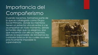 Importancia del
Compañerismo
Cuando nacemos, formamos parte de
lo que es catalogado como Grupo
Social Primario, donde los miembros
tienen un estrecho vínculo entre sí y se
acompañan en todo momento, siendo
la Familia algo que no elegimos, sino
que nacemos con ella ya asignada,
siendo la responsable de brindarnos los
cuidados básicos sin los cuales nos sería
prácticamente imposible la
supervivencia
 
