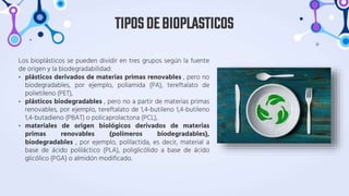 Los bioplásticos se pueden dividir en tres grupos según la fuente
de origen y la biodegradabilidad:
• plásticos derivados de materias primas renovables , pero no
biodegradables, por ejemplo, poliamida (PA), tereftalato de
polietileno (PET),
• plásticos biodegradables , pero no a partir de materias primas
renovables, por ejemplo, tereftalato de 1,4-butileno 1,4-butileno
1,4-butadieno (PBAT) o policaprolactona (PCL),
• materiales de origen biológicos derivados de materias
primas renovables (polímeros biodegradables),
biodegradables , por ejemplo, polilactida, es decir, material a
base de ácido poliláctico (PLA), poliglicólido a base de ácido
glicólico (PGA) o almidón modificado.
TIPOSDEBIOPLASTICOS
 