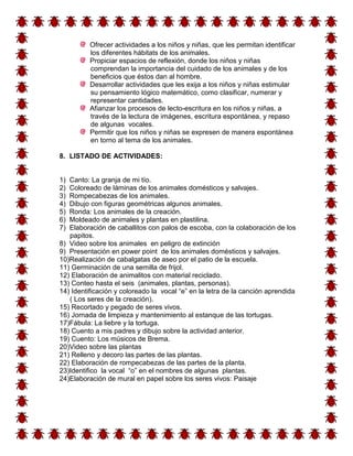 Ofrecer actividades a los niños y niñas, que les permitan identificar
          los diferentes hábitats de los animales.
          Propiciar espacios de reflexión, donde los niños y niñas
          comprendan la importancia del cuidado de los animales y de los
          beneficios que éstos dan al hombre.
          Desarrollar actividades que les exija a los niños y niñas estimular
          su pensamiento lógico matemático, como clasificar, numerar y
          representar cantidades.
          Afianzar los procesos de lecto-escritura en los niños y niñas, a
          través de la lectura de imágenes, escritura espontánea, y repaso
          de algunas vocales.
          Permitir que los niños y niñas se expresen de manera espontánea
          en torno al tema de los animales.

8. LISTADO DE ACTIVIDADES:


1) Canto: La granja de mi tío.
2) Coloreado de láminas de los animales domésticos y salvajes.
3) Rompecabezas de los animales.
4) Dibujo con figuras geométricas algunos animales.
5) Ronda: Los animales de la creación.
6) Moldeado de animales y plantas en plastilina.
7) Elaboración de caballitos con palos de escoba, con la colaboración de los
   papitos.
8) Video sobre los animales en peligro de extinción
9) Presentación en power point de los animales domésticos y salvajes.
10)Realización de cabalgatas de aseo por el patio de la escuela.
11) Germinación de una semilla de frijol.
12) Elaboración de animalitos con material reciclado.
13) Conteo hasta el seis (animales, plantas, personas).
14) Identificación y coloreado la vocal “e” en la letra de la canción aprendida
   ( Los seres de la creación).
15) Recortado y pegado de seres vivos.
16) Jornada de limpieza y mantenimiento al estanque de las tortugas.
17)Fábula: La liebre y la tortuga.
18) Cuento a mis padres y dibujo sobre la actividad anterior.
19) Cuento: Los músicos de Brema.
20)Video sobre las plantas
21) Relleno y decoro las partes de las plantas.
22) Elaboración de rompecabezas de las partes de la planta.
23)Identifico la vocal “o” en el nombres de algunas plantas.
24)Elaboración de mural en papel sobre los seres vivos: Paisaje
 