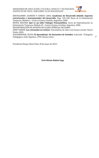 JERUSALINSKY, ALFREDO Y CORIAT, LIDIA. Cuadernos de Desarrollo Infantil. Aspectos
estructurales e instrumentales del desarrollo. Págs. 104-108. Bases de la Estimulación
Temprana. Módulo I – Centro Crianza. Córdoba. Argentina. 2000.
REYNA, BEATRIZ. Qué es un niño? Enfoque Psicoanalítico. Curso de Especialización en
Estimulación Temprana. Módulo III – Centro Crianza. Córdoba. Argentina. 2000.
RECONSTRUCCIÓN DE APUNTES DE CLASES TEÓRICAS. DICTADOS.
ANNY CORDIÉ. Los retrasados no existen. Psicoanálisis de niños con fracaso escolar. Nueva
Visión. 2003.
SCHLEMENSON, SILVIA. El Aprendizaje: Un Encuentro de Sentidos. Colección Triángulos
Pedagógicos. Edit. Kapelusz. 1995. Buenos Aires.                                            7


Presidencia Roque Sáenz Peña, 30 de mayo de 2012.-




                                Prof. Héctor Rubén Vega
 