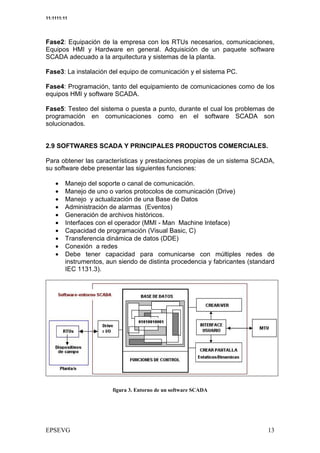 11:1111:11




Fase2: Equipación de la empresa con los RTUs necesarios, comunicaciones,
Equipos HMI y Hardware en general. Adquisición de un paquete software
SCADA adecuado a la arquitectura y sistemas de la planta.

Fase3: La instalación del equipo de comunicación y el sistema PC.

Fase4: Programación, tanto del equipamiento de comunicaciones como de los
equipos HMI y software SCADA.

Fase5: Testeo del sistema o puesta a punto, durante el cual los problemas de
programación en comunicaciones como en el software SCADA son
solucionados.


2.9 SOFTWARES SCADA Y PRINCIPALES PRODUCTOS COMERCIALES.

Para obtener las características y prestaciones propias de un sistema SCADA,
su software debe presentar las siguientes funciones:

    •    Manejo del soporte o canal de comunicación.
    •    Manejo de uno o varios protocolos de comunicación (Drive)
    •    Manejo y actualización de una Base de Datos
    •    Administración de alarmas (Eventos)
    •    Generación de archivos históricos.
    •    Interfaces con el operador (MMI - Man Machine Inteface)
    •    Capacidad de programación (Visual Basic, C)
    •    Transferencia dinámica de datos (DDE)
    •    Conexión a redes
    •    Debe tener capacidad para comunicarse con múltiples redes de
         instrumentos, aun siendo de distinta procedencia y fabricantes (standard
         IEC 1131.3).




                              &
 
