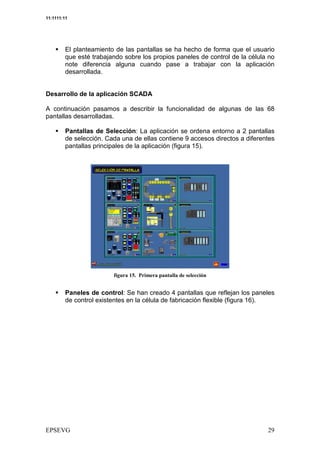 11:1111:11




         El planteamiento de las pantallas se ha hecho de forma que el usuario
         que esté trabajando sobre los propios paneles de control de la célula no
         note diferencia alguna cuando pase a trabajar con la aplicación
         desarrollada.


Desarrollo de la aplicación SCADA

A continuación pasamos a describir la funcionalidad de algunas de las 68
pantallas desarrolladas.

         Pantallas de Selección: La aplicación se ordena entorno a 2 pantallas
         de selección. Cada una de ellas contiene 9 accesos directos a diferentes
         pantallas principales de la aplicación (figura 15).




                               ) 8       /             #


         Paneles de control: Se han creado 4 pantallas que reflejan los paneles
         de control existentes en la célula de fabricación flexible (figura 16).
 