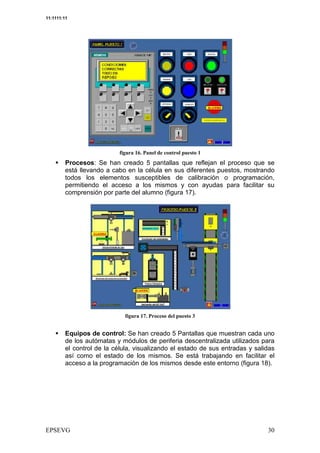 11:1111:11




                                  - 8              /
         Procesos: Se han creado 5 pantallas que reflejan el proceso que se
         está llevando a cabo en la célula en sus diferentes puestos, mostrando
         todos los elementos susceptibles de calibración o programación,
         permitiendo el acceso a los mismos y con ayudas para facilitar su
         comprensión por parte del alumno (figura 17).




                                    0 8        /       &


         Equipos de control: Se han creado 5 Pantallas que muestran cada uno
         de los autómatas y módulos de periferia descentralizada utilizados para
         el control de la célula, visualizando el estado de sus entradas y salidas
         así como el estado de los mismos. Se está trabajando en facilitar el
         acceso a la programación de los mismos desde este entorno (figura 18).




                                                                                $
 