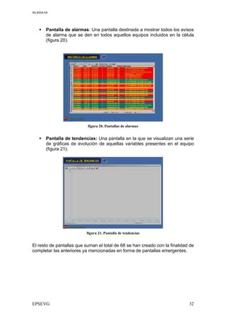 11:1111:11




         Pantalla de alarmas: Una pantalla destinada a mostrar todos los avisos
         de alarma que se den en todos aquellos equipos incluidos en la célula
         (figura 20).




                                  48


         Pantalla de tendencias: Una pantalla en la que se visualizan una serie
         de gráficas de evolución de aquellas variables presentes en el equipo
         (figura 21).




                                    8


El resto de pantallas que suman el total de 68 se han creado con la finalidad de
completar las anteriores ya mencionadas en forma de pantallas emergentes.
 