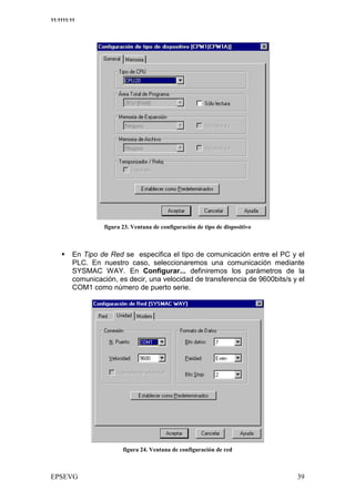 11:1111:11




                         & :                 #     /      /



         En Tipo de Red se especifica el tipo de comunicación entre el PC y el
         PLC. En nuestro caso, seleccionaremos una comunicación mediante
         SYSMAC WAY. En Configurar... definiremos los parámetros de la
         comunicación, es decir, una velocidad de transferencia de 9600bits/s y el
         COM1 como número de puerto serie.




                               ' :                 #
 