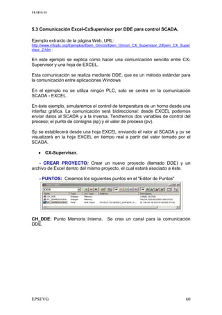 11:1111:11




5.3 Comunicación Excel-CxSupervisor por DDE para control SCADA.

Ejemplo extraído de la página Web, URL:
http://www.infoplc.org/Ejemplos/Ejem_Omron/Ejem_Omron_CX_Supervisor_2/Ejem_CX_Super
visor_2.htm :

En este ejemplo se explica como hacer una comunicación sencilla entre CX-
Supervisor y una hoja de EXCEL.

Esta comunicación se realiza mediante DDE, que es un método estándar para
la comunicación entre aplicaciones Windows

En el ejemplo no se utiliza ningún PLC, solo se centra en la comunicación
SCADA - EXCEL.

En éste ejemplo, simularemos el control de temperatura de un horno desde una
interfaz gráfica. La comunicación será bidireccional: desde EXCEL podemos
enviar datos al SCADA y a la inversa. Tendremos dos variables de control del
proceso; el punto de consigna (sp) y el valor de proceso (pv).

Sp se establecerá desde una hoja EXCEL enviando el valor al SCADA y pv se
visualizará en la hoja EXCEL en tiempo real a partir del valor tomado por el
SCADA.

    •    CX-Supervisor.

    - CREAR PROYECTO: Crear un nuevo proyecto (llamado DDE) y un
archivo de Excel dentro del mismo proyecto, el cual estará asociado a éste.

     - PUNTOS: Creamos los siguientes puntos en el "Editor de Puntos"




CH_DDE: Punto Memoria Interna.         Se crea un canal para la comunicación
DDE.




                                                                                  $
 