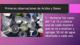 Primeras observaciones de Ácidos y Bases
1.- Numerar los vasos
del 1 al 12 y colocar
una de cada muestra
que se va a analizar y
agregar 50 ml de agua
destilada a cada uno.
 