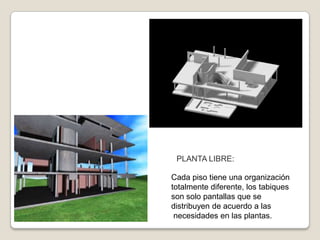PLANTA LIBRE:
Cada piso tiene una organización
totalmente diferente, los tabiques
son solo pantallas que se
distribuyen de acuerdo a las
necesidades en las plantas.

 