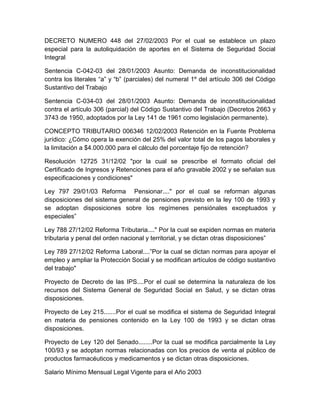 DECRETO NUMERO 448 del 27/02/2003 Por el cual se establece un plazo
especial para la autoliquidación de aportes en el Sistema de Seguridad Social
Integral
Sentencia C-042-03 del 28/01/2003 Asunto: Demanda de inconstitucionalidad
contra los literales “a” y “b” (parciales) del numeral 1º del artículo 306 del Código
Sustantivo del Trabajo
Sentencia C-034-03 del 28/01/2003 Asunto: Demanda de inconstitucionalidad
contra el artículo 306 (parcial) del Código Sustantivo del Trabajo (Decretos 2663 y
3743 de 1950, adoptados por la Ley 141 de 1961 como legislación permanente).
CONCEPTO TRIBUTARIO 006346 12/02/2003 Retención en la Fuente Problema
jurídico: ¿Cómo opera la exención del 25% del valor total de los pagos laborales y
la limitación a $4.000.000 para el cálculo del porcentaje fijo de retención?
Resolución 12725 31/12/02 "por la cual se prescribe el formato oficial del
Certificado de Ingresos y Retenciones para el año gravable 2002 y se señalan sus
especificaciones y condiciones"
Ley 797 29/01/03 Reforma Pensionar...." por el cual se reforman algunas
disposiciones del sistema general de pensiones previsto en la ley 100 de 1993 y
se adoptan disposiciones sobre los regímenes pensiónales exceptuados y
especiales”
Ley 788 27/12/02 Reforma Tributaria...." Por la cual se expiden normas en materia
tributaria y penal del orden nacional y territorial, y se dictan otras disposiciones”
Ley 789 27/12/02 Reforma Laboral....”Por la cual se dictan normas para apoyar el
empleo y ampliar la Protección Social y se modifican artículos de código sustantivo
del trabajo"
Proyecto de Decreto de las IPS....Por el cual se determina la naturaleza de los
recursos del Sistema General de Seguridad Social en Salud, y se dictan otras
disposiciones.
Proyecto de Ley 215.......Por el cual se modifica el sistema de Seguridad Integral
en materia de pensiones contenido en la Ley 100 de 1993 y se dictan otras
disposiciones.
Proyecto de Ley 120 del Senado........Por la cual se modifica parcialmente la Ley
100/93 y se adoptan normas relacionadas con los precios de venta al público de
productos farmacéuticos y medicamentos y se dictan otras disposiciones.
Salario Mínimo Mensual Legal Vigente para el Año 2003
 