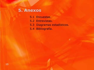 5. Anexos5.1  Encuestas. 5.2  Entrevistas. 5.3  Diagramas estadísticos. 5.4  Bibliografía.  