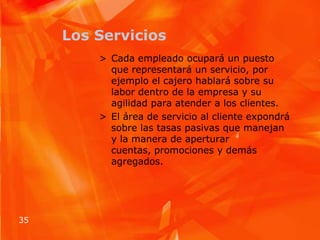 Los ServiciosCada empleado ocupará un puesto que representará un servicio, por ejemplo el cajero hablará sobre su labor dentro de la empresa y su agilidad para atender a los clientes.El área de servicio al cliente expondrá sobre las tasas pasivas que manejan y la manera de aperturar cuentas, promociones y demás agregados.