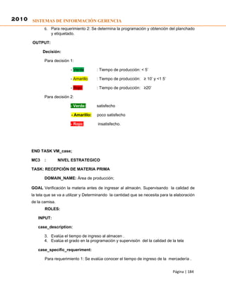 2010 SISTEMAS DE INFORMACIÓN GERENCIA
             6. Para requerimiento 2: Se determina la programación y obtención del planchado
                y etiquetado.

       OUTPUT:

            Decisión:

             Para decisión 1:

                           - Verde        : Tiempo de producción: < 5’

                           - Amarillo     : Tiempo de producción: ≥ 10’ y <1 5’

                           - Rojo         : Tiempo de producción: ≥20’

             Para decisión 2:

                           - Verde:       satisfecho

                            - Amarillo:   poco satisfecho

                           - Rojo:         insatisfecho.




      END TASK VM_case;

      MC3    :        NIVEL ESTRATEGICO

      TASK: RECEPCIÓN DE MATERIA PRIMA

             DOMAIN_NAME: Área de producción;

      GOAL Verificación la materia antes de ingresar al almacén. Supervisando la calidad de
      la tela que se va a utilizar y Determinando la cantidad que se necesita para la elaboración
      de la camisa.
             ROLES:

         INPUT:

         case_description:

             3. Evalúa el tiempo de ingreso al almacen .
             4. Evalúa el grado en la programación y supervisión del la calidad de la tela

         case_specific_requeriment:

             Para requerimiento 1: Se evalúa conocer el tiempo de ingreso de la mercadería .


                                                                                    Página | 184
 