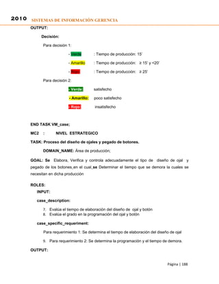 2010 SISTEMAS DE INFORMACIÓN GERENCIA
      OUTPUT:

            Decisión:

            Para decisión 1:

                           - Verde       : Tiempo de producción: 15’

                           - Amarillo    : Tiempo de producción: ≥ 15’ y <20’

                           - Rojo        : Tiempo de producción: ≥ 25’

            Para decisión 2:

                           - Verde:      satisfecho

                           - Amarillo:   poco satisfecho

                           - Rojo:        insatisfecho



      END TASK VM_case;

      MC2   :       NIVEL ESTRATEGICO

      TASK: Proceso del diseño de ojales y pegado de botones.

            DOMAIN_NAME: Área de producción;

      GOAL: Se Elabora, Verifica y controla adecuadamente el tipo de diseño de ojal y
      pegado de los botones en el cual se Determinar el tiempo que se demora la cuales se
      necesitan en dicha producción

      ROLES:
         INPUT:

         case_description:

            7. Evalúa el tiempo de elaboración del diseño de ojal y botón
            8. Evalúa el grado en la programación del ojal y botón

         case_specific_requeriment:

             Para requerimiento 1: Se determina el tiempo de elaboración del diseño de ojal

            9. Para requerimiento 2: Se determina la programación y el tiempo de demora.

      OUTPUT:


                                                                                   Página | 188
 