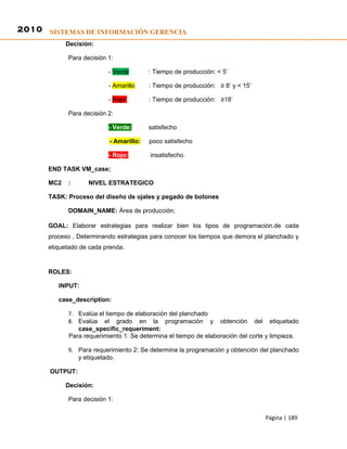 2010 SISTEMAS DE INFORMACIÓN GERENCIA
            Decisión:

            Para decisión 1:

                          - Verde       : Tiempo de producción: < 5’

                          - Amarillo    : Tiempo de producción: ≥ 8’ y < 15’

                          - Rojo        : Tiempo de producción: ≥18’

            Para decisión 2:

                          - Verde:      satisfecho

                          - Amarillo:   poco satisfecho

                          - Rojo:       insatisfecho.

      END TASK VM_case;

      MC2   :      NIVEL ESTRATEGICO

      TASK: Proceso del diseño de ojales y pegado de botones

            DOMAIN_NAME: Área de producción;

      GOAL: Elaborar estrategias para realizar bien los tipos de programación.de cada
      proceso , Determinando estrategias para conocer los tiempos que demora el planchado y
      etiquetado de cada prenda.


      ROLES:

         INPUT:

         case_description:

            7. Evalúa el tiempo de elaboración del planchado
            8. Evalúa el grado en la programación y obtención del etiquetado
               case_specific_requeriment:
            Para requerimiento 1: Se determina el tiempo de elaboración del corte y limpieza.

            9. Para requerimiento 2: Se determina la programación y obtención del planchado
               y etiquetado.

       OUTPUT:

            Decisión:

            Para decisión 1:

                                                                                 Página | 189
 