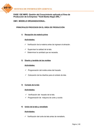 2010
       SISTEMAS DE INFORMACIÓN GERENCIA

       FASE I DE MIPE: Gestión del Conocimiento aplicada al Área de
       Producción de la Empresa “Textil Barba Negra SRL.”

       OM1: MODELO ORGANIZACIONAL.


          PRINCIPALES PROCESOS EN EL ÁREA DE PRODUCCIÓN



               1)   Recepción de materia prima

                    Actividades:

                     Verificación de la materia antes de ingresar al almacén.

                     Supervisar la calidad de la tela.
                     Determinar la cantidad que se necesita.



               2)   Diseño y tendido de los moldes

                    Actividades:

                     Programación del molde antes del trazado.

                     Colocación de los diseños para el cortado de tela.




               3)   Cortado de la tela

                    Actividades:

                     Verificación del trazado de la tela.
                     Programación de máquina de corte y cocido




               4)   Unión de la tela y remallado

                    Actividades:

                     Verificación del corte de tela antes de remallarlo.



                                                                                 Página | 60
 