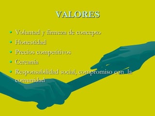 VALORESVoluntad y firmeza de conceptoHonestidadPrecios competitivos CercaníaResponsabilidad social, compromiso con  la comunidad