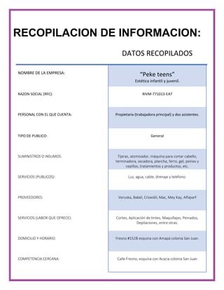 RECOPILACION DE INFORMACION:
DATOS RECOPILADOS
NOMBRE DE LA EMPRESA: “Peke teens”
Estética infantil y juvenil.
RAZON SOCIAL (RFC): RIVM-771013-EA7
PERSONAL CON EL QUE CUENTA: Propietaria (trabajadora principal) y dos asistentes.
TIPO DE PUBLICO: General
SUMINISTROS O INSUMOS: Tijeras, atomizador, máquina para cortar cabello,
terminadora, secadora, plancha, ferro, gel, peines y
cepillos, tratamientos y productos, etc.
SERVICIOS (PUBLICOS): Luz, agua, cable, drenaje y teléfono.
PROVEEDORES: Veruska, Babel, Crioxidil, Mac, Mey Kay, Alfaparf
SERVICIOS (LABOR QUE OFRECE): Cortes, Aplicación de tintes, Maquillajes, Peinados,
Depilaciones, entre otras.
DOMICILIO Y HORARIO: Fresno #152B esquina con Amapá colonia San Juan.
COMPETENCIA CERCANA: Calle Fresno, esquina con Acacia colonia San Juan
 