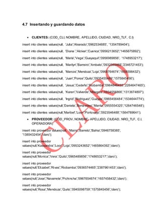 4.7 Insertando y guardando datos
 CLIENTES: (COD_CLI, NOMBRE, APELLIDO, CIUDAD, NRO_TLF, C.I)
insert into clientes values(null, 'Julia','Alvarado','0962534685', '1354789404');
insert into clientes values(null, 'Diana ','Alcívar','Cuenca','0956213652','1465675892');
insert into clientes values(null, 'María','Vega','Guayaquil','0956989856', '1748953217');
insert into clientes values(null, 'Marilyn','Barreiro','Ambato','0932565465','2346721453');
insert into clientes values(null, 'Marcos','Mendoza','Loja','0968764674','1658598432');
insert into clientes values(null, 'Juan','Ponce','Quito','0935455489','1575845456');
insert into clientes values(null, 'Jesus','Cedeño','Riobamba','0964646455','2264647465');
insert into clientes values(null, 'Karen','Valverde','Milagros','0934556866','1313674897');
insert into clientes values(null, 'Ingrid','Rodriguez','Guayas','0965456484','1534644774');
insert into clientes values(null,'Daniela’,'Benavides','Manta','0955554325','1264746548');
insert into clientes values(null,'Maribel','Loor','Portoviejo','0923546488','1564789641');
 PROVEEDOR: (COD_PROV, NOMBRE, APELLIDO, CIUDAD, NRO_TLF, C.I,
OPERADORA)
insert into proveedor values(null, 'Maira','Barreto','Bahia','0946758385',
'1385432454','claro');
insert into proveedor
values(null,'Kassandra','Loor','Loja','0953243652','1465864392','claro');
insert into proveedor
values(null,'Monica','Vera','Quito','0965489856','1748653217','claro');
insert into proveedor
values(null,'Elizabet','Rivas','Riobamba','0936574465','2387961453','claro');
insert into proveedor
values(null,'Jose','Navarrete','Pichincha','0967654674','1657458432','claro');
insert into proveedor
values(null,'Rosa','Mendoza','Quito','0945098759','1575845456','claro');
 