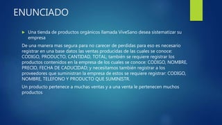 ENUNCIADO
 Una tienda de productos orgánicos llamada ViveSano desea sistematizar su
empresa
De una manera mas segura para no carecer de perdidas para eso es necesario
registrar en una base datos las ventas producidas de las cuales se conoce:
CODIGO, PRODUCTO, CANTIDAD, TOTAL; también se requiere registrar los
productos contenidos en la empresa de los cuales se conoce: CODIGO, NOMBRE,
PRECIO, FECHA DE CADUCIDAD; y necesitamos también registrar a los
proveedores que suministran la empresa de estos se requiere registrar: CODIGO,
NOMBRE, TELEFONO Y PRODUCTO QUE SUMINISTR.
Un producto pertenece a muchas ventas y a una venta le pertenecen muchos
productos
 