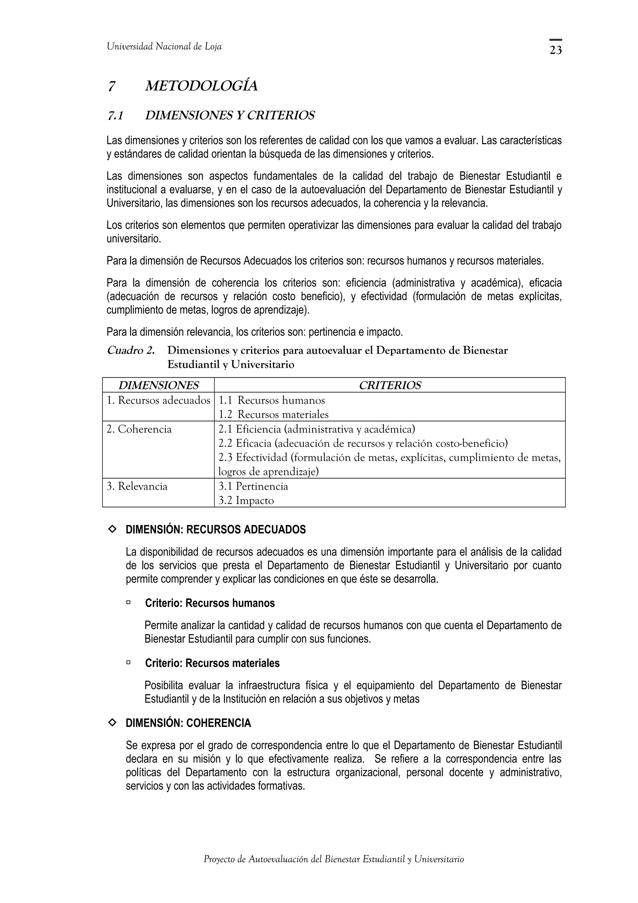 Universidad Nacional de Loja
7 METODOLOGÍA
7.1 DIMENSIONES Y CRITERIOS
Las dimensiones y criterios son los referentes de calidad con los que vamos a evaluar. Las características
y estándares de calidad orientan la búsqueda de las dimensiones y criterios.
Las dimensiones son aspectos fundamentales de la calidad del trabajo de Bienestar Estudiantil e
institucional a evaluarse, y en el caso de la autoevaluación del Departamento de Bienestar Estudiantil y
Universitario, las dimensiones son los recursos adecuados, la coherencia y la relevancia.
Los criterios son elementos que permiten operativizar las dimensiones para evaluar la calidad del trabajo
universitario.
Para la dimensión de Recursos Adecuados los criterios son: recursos humanos y recursos materiales.
Para la dimensión de coherencia los criterios son: eficiencia (administrativa y académica), eficacia
(adecuación de recursos y relación costo beneficio), y efectividad (formulación de metas explícitas,
cumplimiento de metas, logros de aprendizaje).
Para la dimensión relevancia, los criterios son: pertinencia e impacto.
Cuadro 2. Dimensiones y criterios para autoevaluar el Departamento de Bienestar
Estudiantil y Universitario
DIMENSIONES CRITERIOS
1. Recursos adecuados 1.1 Recursos humanos
1.2 Recursos materiales
2. Coherencia 2.1 Eficiencia (administrativa y académica)
2.2 Eficacia (adecuación de recursos y relación costo-beneficio)
2.3 Efectividad (formulación de metas, explícitas, cumplimiento de metas,
logros de aprendizaje)
3. Relevancia 3.1 Pertinencia
3.2 Impacto
 DIMENSIÓN: RECURSOS ADECUADOS
La disponibilidad de recursos adecuados es una dimensión importante para el análisis de la calidad
de los servicios que presta el Departamento de Bienestar Estudiantil y Universitario por cuanto
permite comprender y explicar las condiciones en que éste se desarrolla.
 Criterio: Recursos humanos
Permite analizar la cantidad y calidad de recursos humanos con que cuenta el Departamento de
Bienestar Estudiantil para cumplir con sus funciones.
 Criterio: Recursos materiales
Posibilita evaluar la infraestructura física y el equipamiento del Departamento de Bienestar
Estudiantil y de la Institución en relación a sus objetivos y metas
 DIMENSIÓN: COHERENCIA
Se expresa por el grado de correspondencia entre lo que el Departamento de Bienestar Estudiantil
declara en su misión y lo que efectivamente realiza. Se refiere a la correspondencia entre las
políticas del Departamento con la estructura organizacional, personal docente y administrativo,
servicios y con las actividades formativas.
Proyecto de Autoevaluación del Bienestar Estudiantil y Universitario
23
 