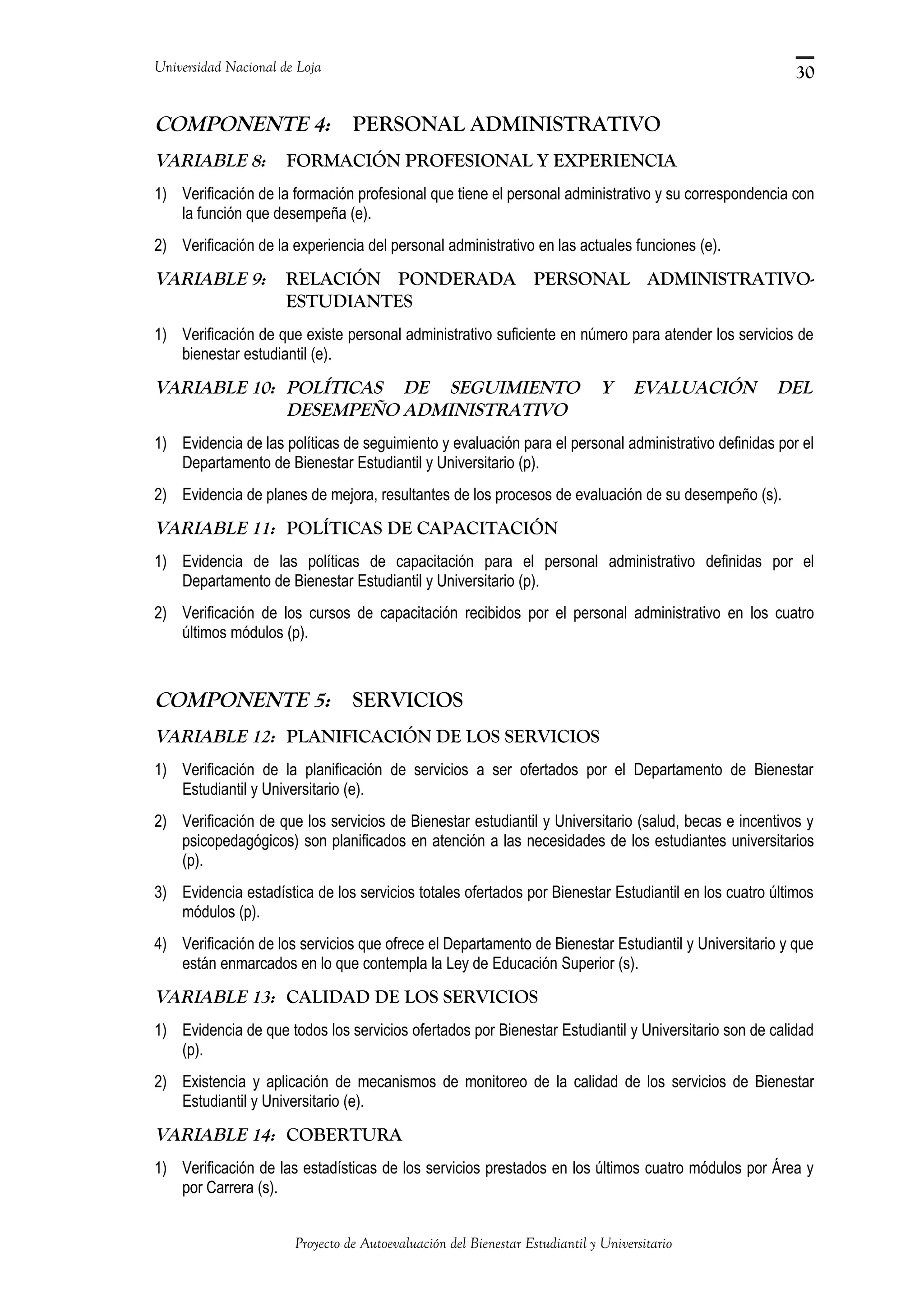 Universidad Nacional de Loja
COMPONENTE 4: PERSONAL ADMINISTRATIVO
VARIABLE 8: FORMACIÓN PROFESIONAL Y EXPERIENCIA
1) Verificación de la formación profesional que tiene el personal administrativo y su correspondencia con
la función que desempeña (e).
2) Verificación de la experiencia del personal administrativo en las actuales funciones (e).
VARIABLE 9: RELACIÓN PONDERADA PERSONAL ADMINISTRATIVO-
ESTUDIANTES
1) Verificación de que existe personal administrativo suficiente en número para atender los servicios de
bienestar estudiantil (e).
VARIABLE 10: POLÍTICAS DE SEGUIMIENTO Y EVALUACIÓN DEL
DESEMPEÑO ADMINISTRATIVO
1) Evidencia de las políticas de seguimiento y evaluación para el personal administrativo definidas por el
Departamento de Bienestar Estudiantil y Universitario (p).
2) Evidencia de planes de mejora, resultantes de los procesos de evaluación de su desempeño (s).
VARIABLE 11: POLÍTICAS DE CAPACITACIÓN
1) Evidencia de las políticas de capacitación para el personal administrativo definidas por el
Departamento de Bienestar Estudiantil y Universitario (p).
2) Verificación de los cursos de capacitación recibidos por el personal administrativo en los cuatro
últimos módulos (p).
COMPONENTE 5: SERVICIOS
VARIABLE 12: PLANIFICACIÓN DE LOS SERVICIOS
1) Verificación de la planificación de servicios a ser ofertados por el Departamento de Bienestar
Estudiantil y Universitario (e).
2) Verificación de que los servicios de Bienestar estudiantil y Universitario (salud, becas e incentivos y
psicopedagógicos) son planificados en atención a las necesidades de los estudiantes universitarios
(p).
3) Evidencia estadística de los servicios totales ofertados por Bienestar Estudiantil en los cuatro últimos
módulos (p).
4) Verificación de los servicios que ofrece el Departamento de Bienestar Estudiantil y Universitario y que
están enmarcados en lo que contempla la Ley de Educación Superior (s).
VARIABLE 13: CALIDAD DE LOS SERVICIOS
1) Evidencia de que todos los servicios ofertados por Bienestar Estudiantil y Universitario son de calidad
(p).
2) Existencia y aplicación de mecanismos de monitoreo de la calidad de los servicios de Bienestar
Estudiantil y Universitario (e).
VARIABLE 14: COBERTURA
1) Verificación de las estadísticas de los servicios prestados en los últimos cuatro módulos por Área y
por Carrera (s).
Proyecto de Autoevaluación del Bienestar Estudiantil y Universitario
30
 