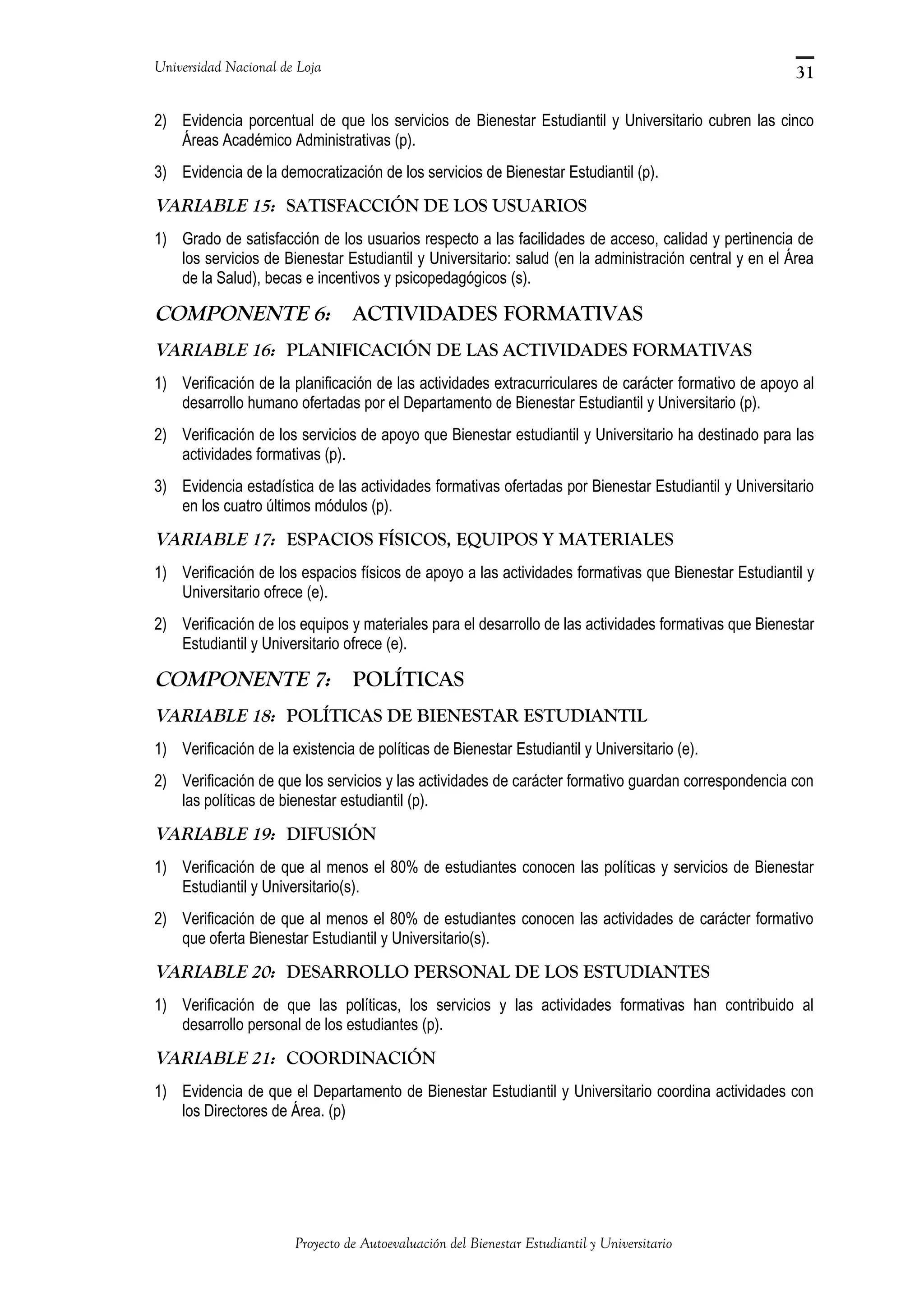 Universidad Nacional de Loja
2) Evidencia porcentual de que los servicios de Bienestar Estudiantil y Universitario cubren las cinco
Áreas Académico Administrativas (p).
3) Evidencia de la democratización de los servicios de Bienestar Estudiantil (p).
VARIABLE 15: SATISFACCIÓN DE LOS USUARIOS
1) Grado de satisfacción de los usuarios respecto a las facilidades de acceso, calidad y pertinencia de
los servicios de Bienestar Estudiantil y Universitario: salud (en la administración central y en el Área
de la Salud), becas e incentivos y psicopedagógicos (s).
COMPONENTE 6: ACTIVIDADES FORMATIVAS
VARIABLE 16: PLANIFICACIÓN DE LAS ACTIVIDADES FORMATIVAS
1) Verificación de la planificación de las actividades extracurriculares de carácter formativo de apoyo al
desarrollo humano ofertadas por el Departamento de Bienestar Estudiantil y Universitario (p).
2) Verificación de los servicios de apoyo que Bienestar estudiantil y Universitario ha destinado para las
actividades formativas (p).
3) Evidencia estadística de las actividades formativas ofertadas por Bienestar Estudiantil y Universitario
en los cuatro últimos módulos (p).
VARIABLE 17: ESPACIOS FÍSICOS, EQUIPOS Y MATERIALES
1) Verificación de los espacios físicos de apoyo a las actividades formativas que Bienestar Estudiantil y
Universitario ofrece (e).
2) Verificación de los equipos y materiales para el desarrollo de las actividades formativas que Bienestar
Estudiantil y Universitario ofrece (e).
COMPONENTE 7: POLÍTICAS
VARIABLE 18: POLÍTICAS DE BIENESTAR ESTUDIANTIL
1) Verificación de la existencia de políticas de Bienestar Estudiantil y Universitario (e).
2) Verificación de que los servicios y las actividades de carácter formativo guardan correspondencia con
las políticas de bienestar estudiantil (p).
VARIABLE 19: DIFUSIÓN
1) Verificación de que al menos el 80% de estudiantes conocen las políticas y servicios de Bienestar
Estudiantil y Universitario(s).
2) Verificación de que al menos el 80% de estudiantes conocen las actividades de carácter formativo
que oferta Bienestar Estudiantil y Universitario(s).
VARIABLE 20: DESARROLLO PERSONAL DE LOS ESTUDIANTES
1) Verificación de que las políticas, los servicios y las actividades formativas han contribuido al
desarrollo personal de los estudiantes (p).
VARIABLE 21: COORDINACIÓN
1) Evidencia de que el Departamento de Bienestar Estudiantil y Universitario coordina actividades con
los Directores de Área. (p)
Proyecto de Autoevaluación del Bienestar Estudiantil y Universitario
31
 