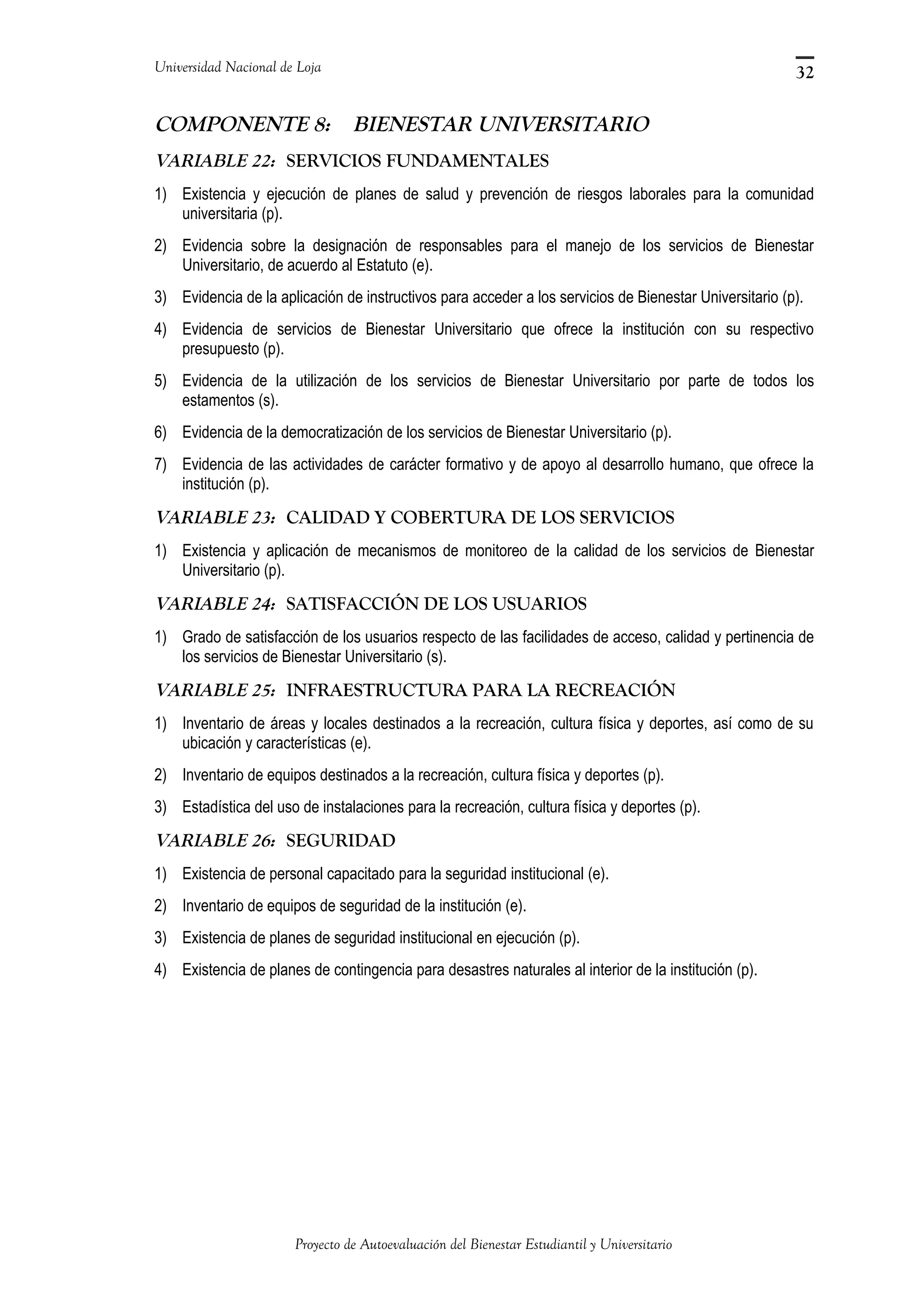 Universidad Nacional de Loja
COMPONENTE 8: BIENESTAR UNIVERSITARIO
VARIABLE 22: SERVICIOS FUNDAMENTALES
1) Existencia y ejecución de planes de salud y prevención de riesgos laborales para la comunidad
universitaria (p).
2) Evidencia sobre la designación de responsables para el manejo de los servicios de Bienestar
Universitario, de acuerdo al Estatuto (e).
3) Evidencia de la aplicación de instructivos para acceder a los servicios de Bienestar Universitario (p).
4) Evidencia de servicios de Bienestar Universitario que ofrece la institución con su respectivo
presupuesto (p).
5) Evidencia de la utilización de los servicios de Bienestar Universitario por parte de todos los
estamentos (s).
6) Evidencia de la democratización de los servicios de Bienestar Universitario (p).
7) Evidencia de las actividades de carácter formativo y de apoyo al desarrollo humano, que ofrece la
institución (p).
VARIABLE 23: CALIDAD Y COBERTURA DE LOS SERVICIOS
1) Existencia y aplicación de mecanismos de monitoreo de la calidad de los servicios de Bienestar
Universitario (p).
VARIABLE 24: SATISFACCIÓN DE LOS USUARIOS
1) Grado de satisfacción de los usuarios respecto de las facilidades de acceso, calidad y pertinencia de
los servicios de Bienestar Universitario (s).
VARIABLE 25: INFRAESTRUCTURA PARA LA RECREACIÓN
1) Inventario de áreas y locales destinados a la recreación, cultura física y deportes, así como de su
ubicación y características (e).
2) Inventario de equipos destinados a la recreación, cultura física y deportes (p).
3) Estadística del uso de instalaciones para la recreación, cultura física y deportes (p).
VARIABLE 26: SEGURIDAD
1) Existencia de personal capacitado para la seguridad institucional (e).
2) Inventario de equipos de seguridad de la institución (e).
3) Existencia de planes de seguridad institucional en ejecución (p).
4) Existencia de planes de contingencia para desastres naturales al interior de la institución (p).
Proyecto de Autoevaluación del Bienestar Estudiantil y Universitario
32
 