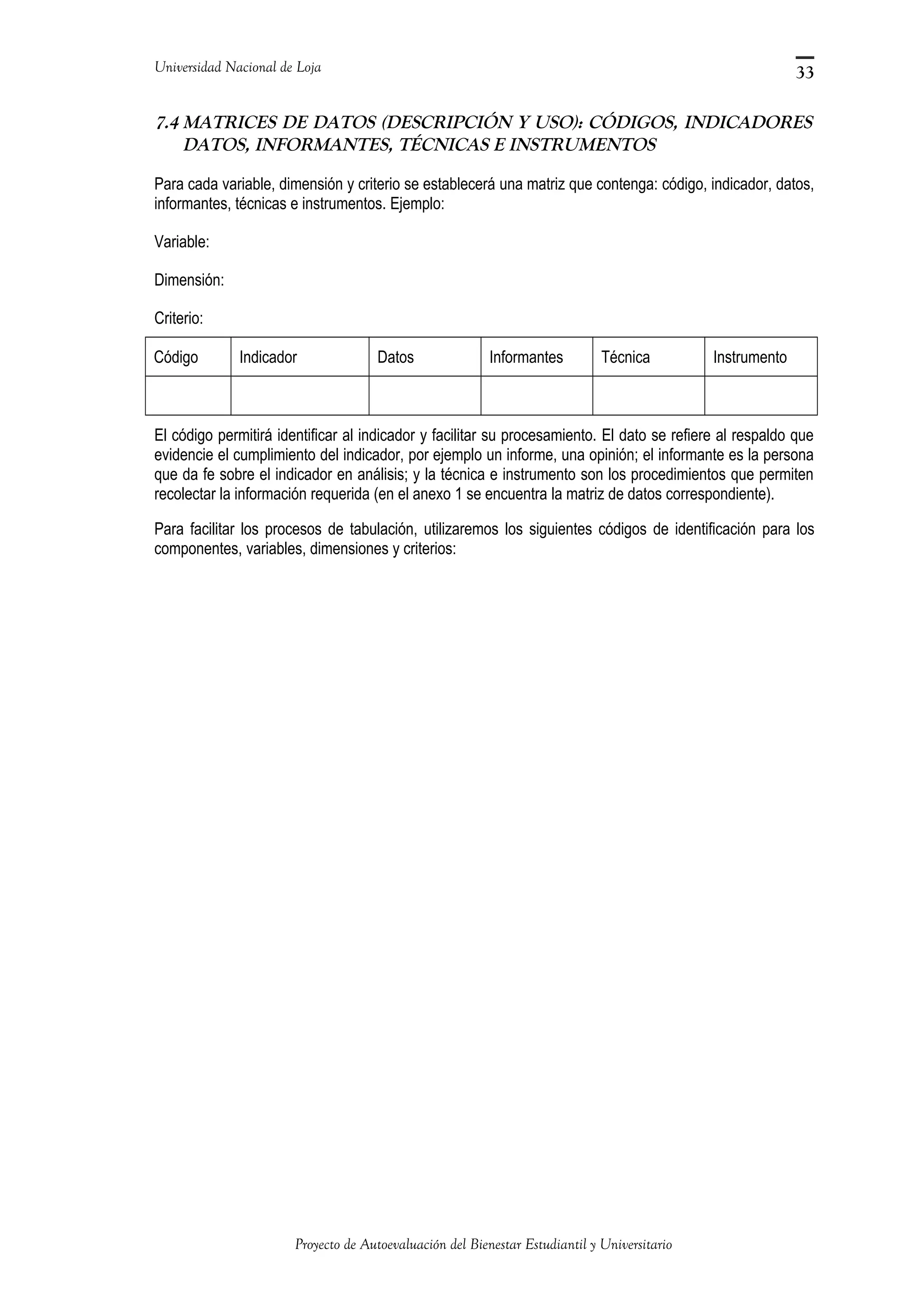 Universidad Nacional de Loja
7.4 MATRICES DE DATOS (DESCRIPCIÓN Y USO): CÓDIGOS, INDICADORES
DATOS, INFORMANTES, TÉCNICAS E INSTRUMENTOS
Para cada variable, dimensión y criterio se establecerá una matriz que contenga: código, indicador, datos,
informantes, técnicas e instrumentos. Ejemplo:
Variable:
Dimensión:
Criterio:
Código Indicador Datos Informantes Técnica Instrumento
El código permitirá identificar al indicador y facilitar su procesamiento. El dato se refiere al respaldo que
evidencie el cumplimiento del indicador, por ejemplo un informe, una opinión; el informante es la persona
que da fe sobre el indicador en análisis; y la técnica e instrumento son los procedimientos que permiten
recolectar la información requerida (en el anexo 1 se encuentra la matriz de datos correspondiente).
Para facilitar los procesos de tabulación, utilizaremos los siguientes códigos de identificación para los
componentes, variables, dimensiones y criterios:
Proyecto de Autoevaluación del Bienestar Estudiantil y Universitario
33
 