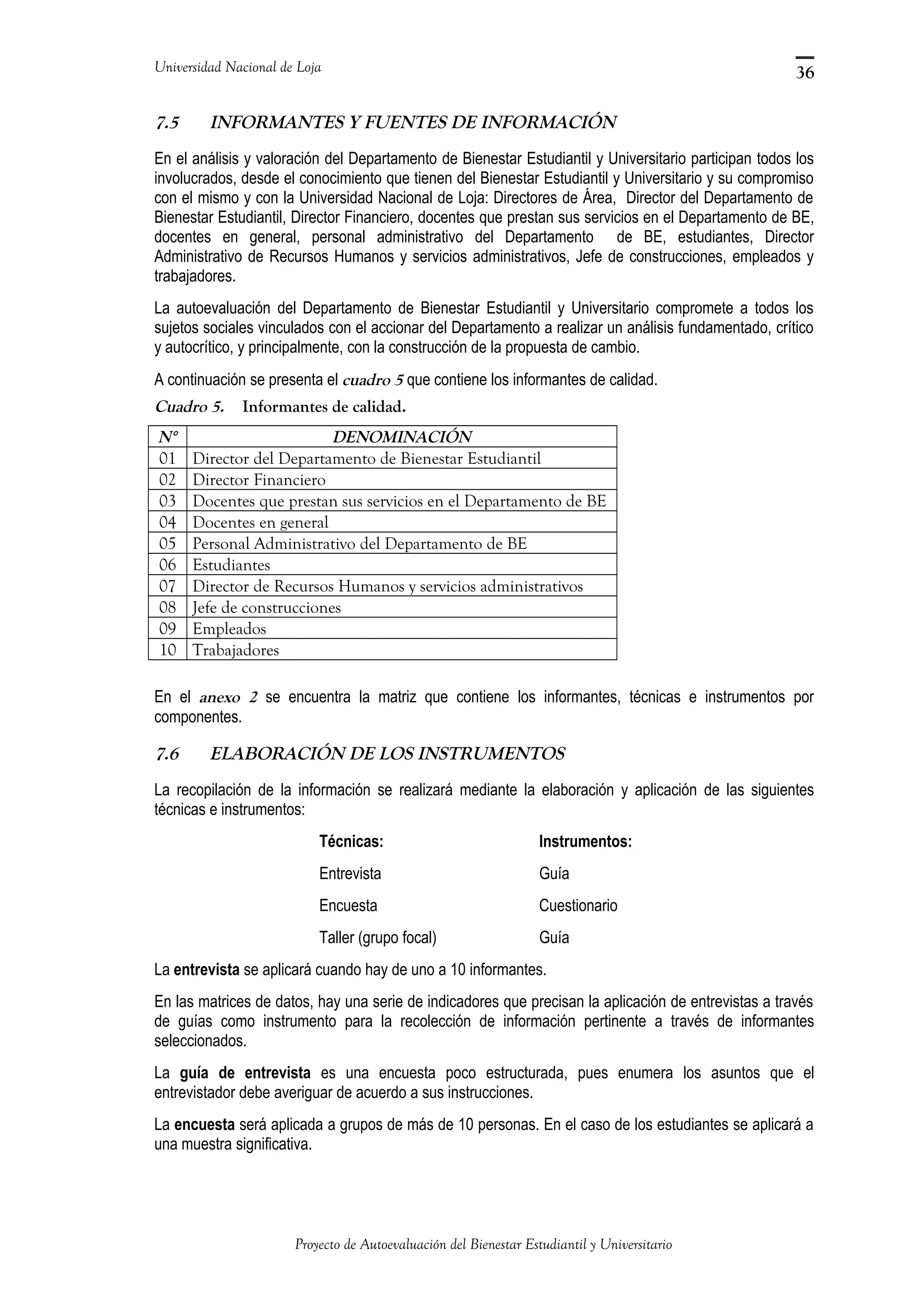 Universidad Nacional de Loja
7.5 INFORMANTES Y FUENTES DE INFORMACIÓN
En el análisis y valoración del Departamento de Bienestar Estudiantil y Universitario participan todos los
involucrados, desde el conocimiento que tienen del Bienestar Estudiantil y Universitario y su compromiso
con el mismo y con la Universidad Nacional de Loja: Directores de Área, Director del Departamento de
Bienestar Estudiantil, Director Financiero, docentes que prestan sus servicios en el Departamento de BE,
docentes en general, personal administrativo del Departamento de BE, estudiantes, Director
Administrativo de Recursos Humanos y servicios administrativos, Jefe de construcciones, empleados y
trabajadores.
La autoevaluación del Departamento de Bienestar Estudiantil y Universitario compromete a todos los
sujetos sociales vinculados con el accionar del Departamento a realizar un análisis fundamentado, crítico
y autocrítico, y principalmente, con la construcción de la propuesta de cambio.
A continuación se presenta el cuadro 5 que contiene los informantes de calidad.
Cuadro 5. Informantes de calidad.
N° DENOMINACIÓN
01 Director del Departamento de Bienestar Estudiantil
02 Director Financiero
03 Docentes que prestan sus servicios en el Departamento de BE
04 Docentes en general
05 Personal Administrativo del Departamento de BE
06 Estudiantes
07 Director de Recursos Humanos y servicios administrativos
08 Jefe de construcciones
09 Empleados
10 Trabajadores
En el anexo 2 se encuentra la matriz que contiene los informantes, técnicas e instrumentos por
componentes.
7.6 ELABORACIÓN DE LOS INSTRUMENTOS
La recopilación de la información se realizará mediante la elaboración y aplicación de las siguientes
técnicas e instrumentos:
Técnicas: Instrumentos:
Entrevista Guía
Encuesta Cuestionario
Taller (grupo focal) Guía
La entrevista se aplicará cuando hay de uno a 10 informantes.
En las matrices de datos, hay una serie de indicadores que precisan la aplicación de entrevistas a través
de guías como instrumento para la recolección de información pertinente a través de informantes
seleccionados.
La guía de entrevista es una encuesta poco estructurada, pues enumera los asuntos que el
entrevistador debe averiguar de acuerdo a sus instrucciones.
La encuesta será aplicada a grupos de más de 10 personas. En el caso de los estudiantes se aplicará a
una muestra significativa.
Proyecto de Autoevaluación del Bienestar Estudiantil y Universitario
36
 