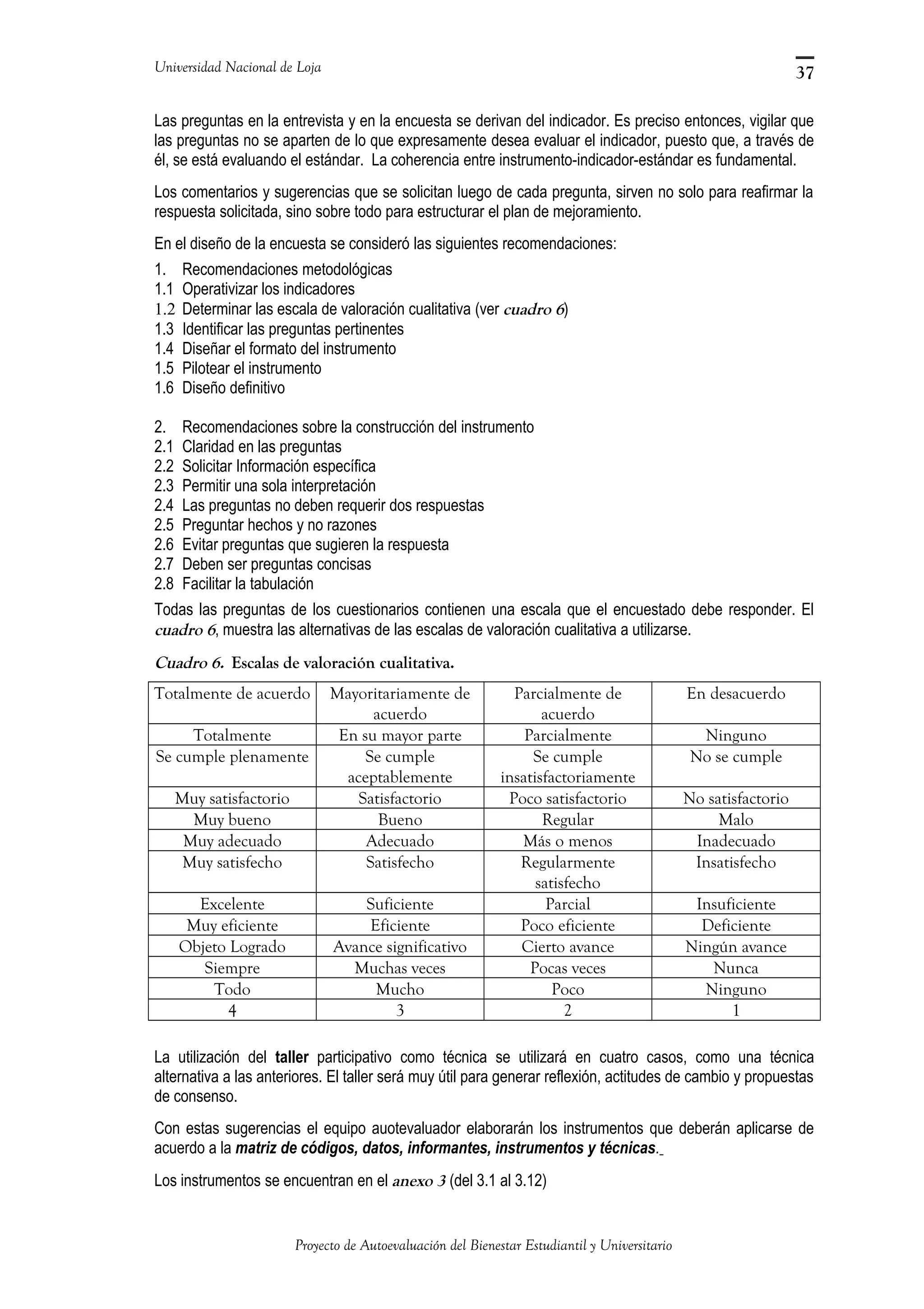 Universidad Nacional de Loja
Las preguntas en la entrevista y en la encuesta se derivan del indicador. Es preciso entonces, vigilar que
las preguntas no se aparten de lo que expresamente desea evaluar el indicador, puesto que, a través de
él, se está evaluando el estándar. La coherencia entre instrumento-indicador-estándar es fundamental.
Los comentarios y sugerencias que se solicitan luego de cada pregunta, sirven no solo para reafirmar la
respuesta solicitada, sino sobre todo para estructurar el plan de mejoramiento.
En el diseño de la encuesta se consideró las siguientes recomendaciones:
1. Recomendaciones metodológicas
1.1 Operativizar los indicadores
1.2 Determinar las escala de valoración cualitativa (ver cuadro 6)
1.3 Identificar las preguntas pertinentes
1.4 Diseñar el formato del instrumento
1.5 Pilotear el instrumento
1.6 Diseño definitivo
2. Recomendaciones sobre la construcción del instrumento
2.1 Claridad en las preguntas
2.2 Solicitar Información específica
2.3 Permitir una sola interpretación
2.4 Las preguntas no deben requerir dos respuestas
2.5 Preguntar hechos y no razones
2.6 Evitar preguntas que sugieren la respuesta
2.7 Deben ser preguntas concisas
2.8 Facilitar la tabulación
Todas las preguntas de los cuestionarios contienen una escala que el encuestado debe responder. El
cuadro 6, muestra las alternativas de las escalas de valoración cualitativa a utilizarse.
Cuadro 6. Escalas de valoración cualitativa.
Totalmente de acuerdo Mayoritariamente de
acuerdo
Parcialmente de
acuerdo
En desacuerdo
Totalmente En su mayor parte Parcialmente Ninguno
Se cumple plenamente Se cumple
aceptablemente
Se cumple
insatisfactoriamente
No se cumple
Muy satisfactorio Satisfactorio Poco satisfactorio No satisfactorio
Muy bueno Bueno Regular Malo
Muy adecuado Adecuado Más o menos Inadecuado
Muy satisfecho Satisfecho Regularmente
satisfecho
Insatisfecho
Excelente Suficiente Parcial Insuficiente
Muy eficiente Eficiente Poco eficiente Deficiente
Objeto Logrado Avance significativo Cierto avance Ningún avance
Siempre Muchas veces Pocas veces Nunca
Todo Mucho Poco Ninguno
4 3 2 1
La utilización del taller participativo como técnica se utilizará en cuatro casos, como una técnica
alternativa a las anteriores. El taller será muy útil para generar reflexión, actitudes de cambio y propuestas
de consenso.
Con estas sugerencias el equipo auotevaluador elaborarán los instrumentos que deberán aplicarse de
acuerdo a la matriz de códigos, datos, informantes, instrumentos y técnicas.
Los instrumentos se encuentran en el anexo 3 (del 3.1 al 3.12)
Proyecto de Autoevaluación del Bienestar Estudiantil y Universitario
37
 