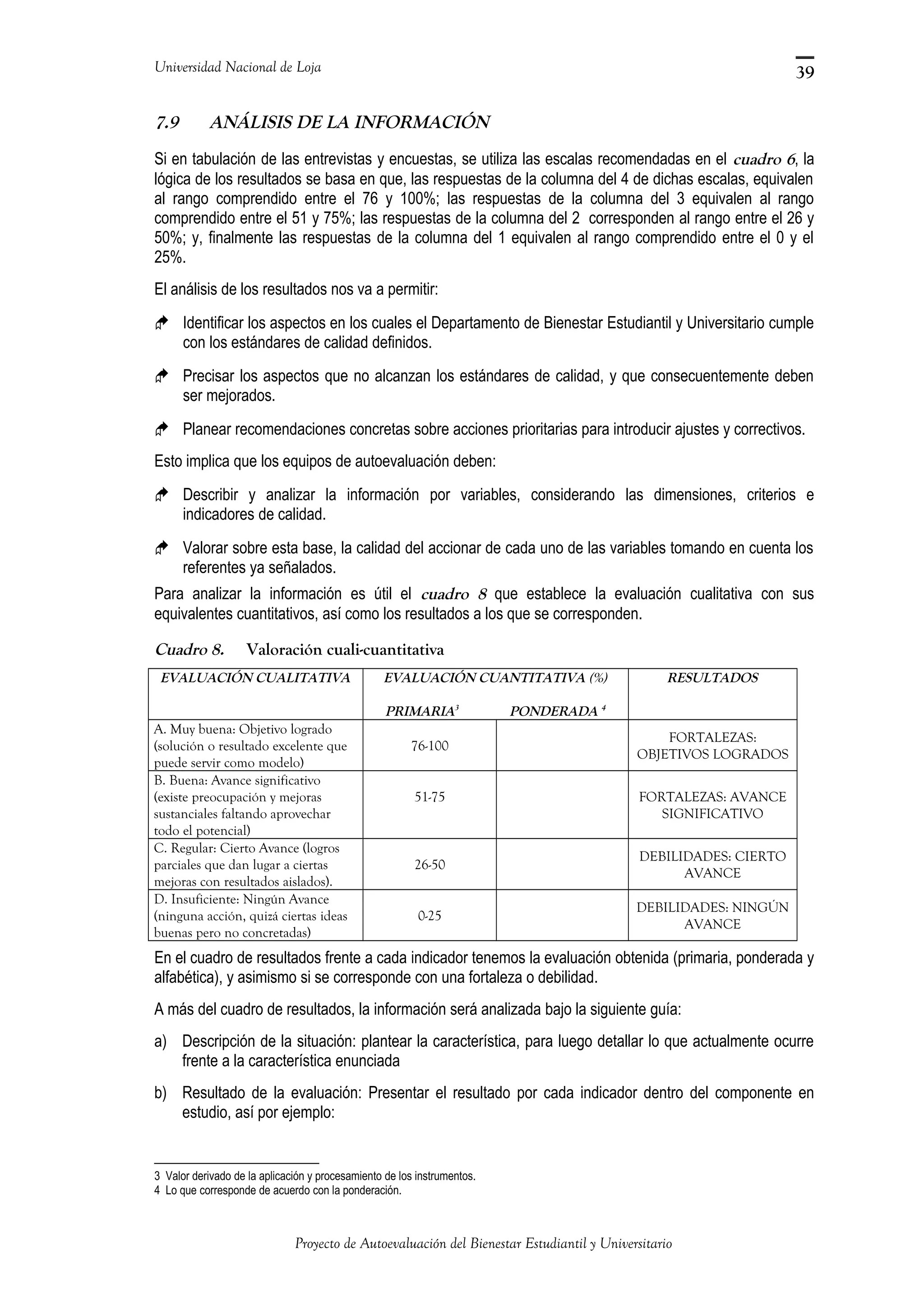 Universidad Nacional de Loja
7.9 ANÁLISIS DE LA INFORMACIÓN
Si en tabulación de las entrevistas y encuestas, se utiliza las escalas recomendadas en el cuadro 6, la
lógica de los resultados se basa en que, las respuestas de la columna del 4 de dichas escalas, equivalen
al rango comprendido entre el 76 y 100%; las respuestas de la columna del 3 equivalen al rango
comprendido entre el 51 y 75%; las respuestas de la columna del 2 corresponden al rango entre el 26 y
50%; y, finalmente las respuestas de la columna del 1 equivalen al rango comprendido entre el 0 y el
25%.
El análisis de los resultados nos va a permitir:
 Identificar los aspectos en los cuales el Departamento de Bienestar Estudiantil y Universitario cumple
con los estándares de calidad definidos.
 Precisar los aspectos que no alcanzan los estándares de calidad, y que consecuentemente deben
ser mejorados.
 Planear recomendaciones concretas sobre acciones prioritarias para introducir ajustes y correctivos.
Esto implica que los equipos de autoevaluación deben:
 Describir y analizar la información por variables, considerando las dimensiones, criterios e
indicadores de calidad.
 Valorar sobre esta base, la calidad del accionar de cada uno de las variables tomando en cuenta los
referentes ya señalados.
Para analizar la información es útil el cuadro 8 que establece la evaluación cualitativa con sus
equivalentes cuantitativos, así como los resultados a los que se corresponden.
Cuadro 8. Valoración cuali-cuantitativa
EVALUACIÓN CUALITATIVA EVALUACIÓN CUANTITATIVA (%)
PRIMARIA3
PONDERADA 4
RESULTADOS
A. Muy buena: Objetivo logrado
(solución o resultado excelente que
puede servir como modelo)
76-100
FORTALEZAS:
OBJETIVOS LOGRADOS
B. Buena: Avance significativo
(existe preocupación y mejoras
sustanciales faltando aprovechar
todo el potencial)
51-75 FORTALEZAS: AVANCE
SIGNIFICATIVO
C. Regular: Cierto Avance (logros
parciales que dan lugar a ciertas
mejoras con resultados aislados).
26-50
DEBILIDADES: CIERTO
AVANCE
D. Insuficiente: Ningún Avance
(ninguna acción, quizá ciertas ideas
buenas pero no concretadas)
0-25
DEBILIDADES: NINGÚN
AVANCE
En el cuadro de resultados frente a cada indicador tenemos la evaluación obtenida (primaria, ponderada y
alfabética), y asimismo si se corresponde con una fortaleza o debilidad.
A más del cuadro de resultados, la información será analizada bajo la siguiente guía:
a) Descripción de la situación: plantear la característica, para luego detallar lo que actualmente ocurre
frente a la característica enunciada
b) Resultado de la evaluación: Presentar el resultado por cada indicador dentro del componente en
estudio, así por ejemplo:
3 Valor derivado de la aplicación y procesamiento de los instrumentos.
4 Lo que corresponde de acuerdo con la ponderación.
Proyecto de Autoevaluación del Bienestar Estudiantil y Universitario
39
 