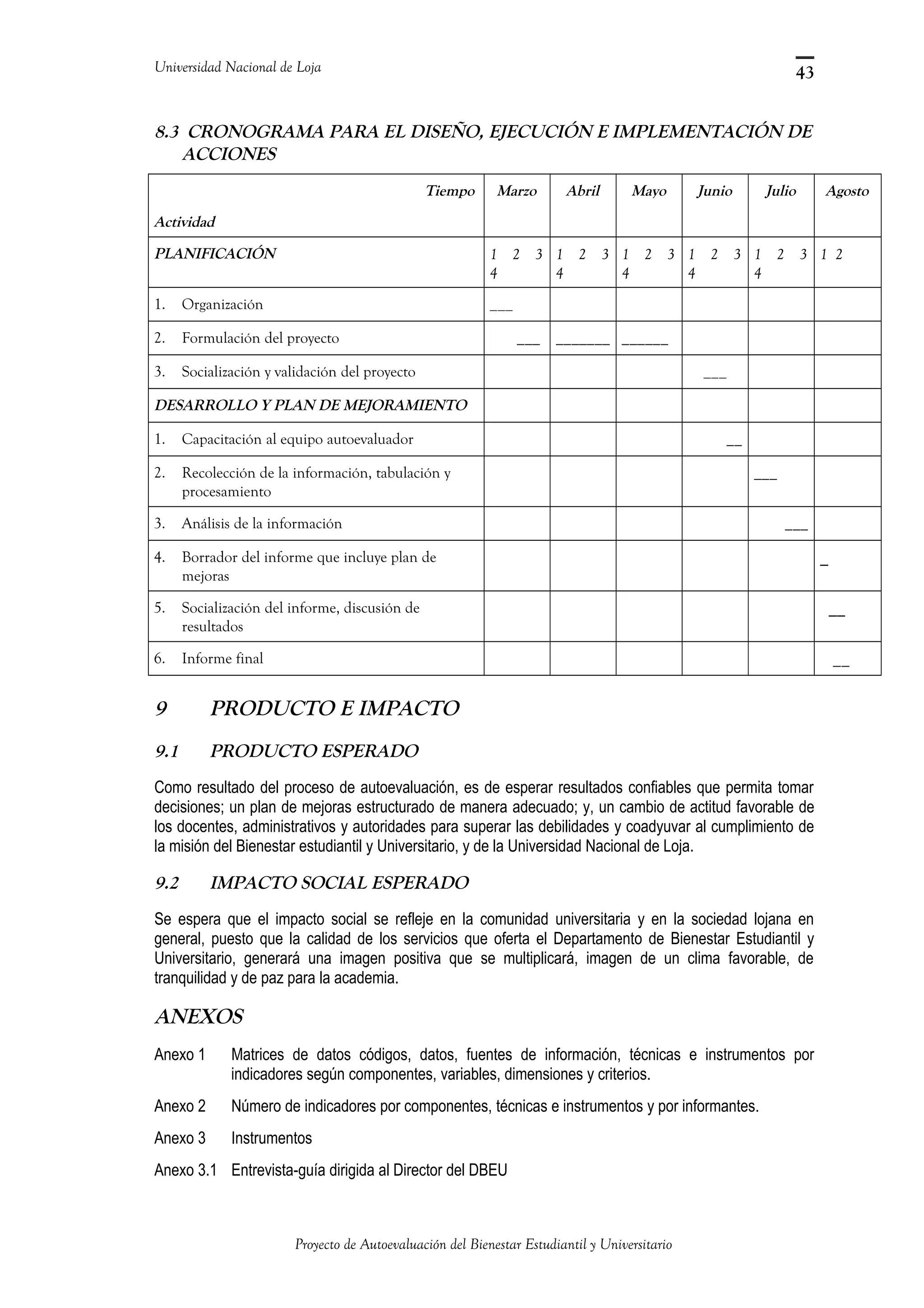 Universidad Nacional de Loja
8.3 CRONOGRAMA PARA EL DISEÑO, EJECUCIÓN E IMPLEMENTACIÓN DE
ACCIONES
Tiempo
Actividad
Marzo Abril Mayo Junio Julio Agosto
PLANIFICACIÓN 1 2 3
4
1 2 3
4
1 2 3
4
1 2 3
4
1 2 3
4
1 2
1. Organización ___
2. Formulación del proyecto ___ _______ ______
3. Socialización y validación del proyecto ___
DESARROLLO Y PLAN DE MEJORAMIENTO
1. Capacitación al equipo autoevaluador __
2. Recolección de la información, tabulación y
procesamiento
___
3. Análisis de la información ___
4. Borrador del informe que incluye plan de
mejoras
_
5. Socialización del informe, discusión de
resultados
__
6. Informe final __
9 PRODUCTO E IMPACTO
9.1 PRODUCTO ESPERADO
Como resultado del proceso de autoevaluación, es de esperar resultados confiables que permita tomar
decisiones; un plan de mejoras estructurado de manera adecuado; y, un cambio de actitud favorable de
los docentes, administrativos y autoridades para superar las debilidades y coadyuvar al cumplimiento de
la misión del Bienestar estudiantil y Universitario, y de la Universidad Nacional de Loja.
9.2 IMPACTO SOCIAL ESPERADO
Se espera que el impacto social se refleje en la comunidad universitaria y en la sociedad lojana en
general, puesto que la calidad de los servicios que oferta el Departamento de Bienestar Estudiantil y
Universitario, generará una imagen positiva que se multiplicará, imagen de un clima favorable, de
tranquilidad y de paz para la academia.
ANEXOS
Anexo 1 Matrices de datos códigos, datos, fuentes de información, técnicas e instrumentos por
indicadores según componentes, variables, dimensiones y criterios.
Anexo 2 Número de indicadores por componentes, técnicas e instrumentos y por informantes.
Anexo 3 Instrumentos
Anexo 3.1 Entrevista-guía dirigida al Director del DBEU
Proyecto de Autoevaluación del Bienestar Estudiantil y Universitario
43
 