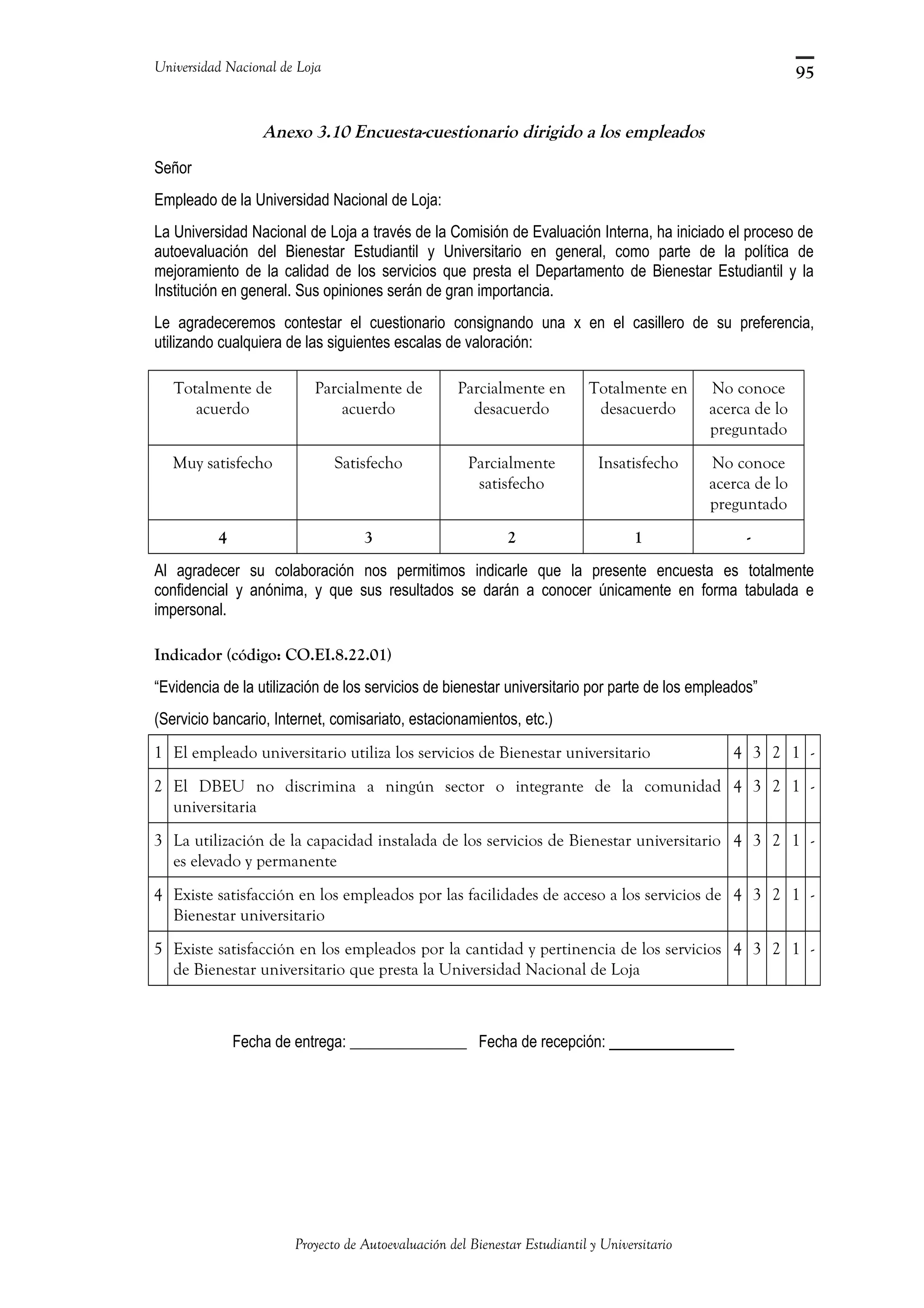 Universidad Nacional de Loja
Anexo 3.10 Encuesta-cuestionario dirigido a los empleados
Señor
Empleado de la Universidad Nacional de Loja:
La Universidad Nacional de Loja a través de la Comisión de Evaluación Interna, ha iniciado el proceso de
autoevaluación del Bienestar Estudiantil y Universitario en general, como parte de la política de
mejoramiento de la calidad de los servicios que presta el Departamento de Bienestar Estudiantil y la
Institución en general. Sus opiniones serán de gran importancia.
Le agradeceremos contestar el cuestionario consignando una x en el casillero de su preferencia,
utilizando cualquiera de las siguientes escalas de valoración:
Totalmente de
acuerdo
Parcialmente de
acuerdo
Parcialmente en
desacuerdo
Totalmente en
desacuerdo
No conoce
acerca de lo
preguntado
Muy satisfecho Satisfecho Parcialmente
satisfecho
Insatisfecho No conoce
acerca de lo
preguntado
4 3 2 1 -
Al agradecer su colaboración nos permitimos indicarle que la presente encuesta es totalmente
confidencial y anónima, y que sus resultados se darán a conocer únicamente en forma tabulada e
impersonal.
Indicador (código: CO.EI.8.22.01)
“Evidencia de la utilización de los servicios de bienestar universitario por parte de los empleados”
(Servicio bancario, Internet, comisariato, estacionamientos, etc.)
1 El empleado universitario utiliza los servicios de Bienestar universitario 4 3 2 1 -
2 El DBEU no discrimina a ningún sector o integrante de la comunidad
universitaria
4 3 2 1 -
3 La utilización de la capacidad instalada de los servicios de Bienestar universitario
es elevado y permanente
4 3 2 1 -
4 Existe satisfacción en los empleados por las facilidades de acceso a los servicios de
Bienestar universitario
4 3 2 1 -
5 Existe satisfacción en los empleados por la cantidad y pertinencia de los servicios
de Bienestar universitario que presta la Universidad Nacional de Loja
4 3 2 1 -
Fecha de entrega: _______________ Fecha de recepción: ___________
Proyecto de Autoevaluación del Bienestar Estudiantil y Universitario
95
 