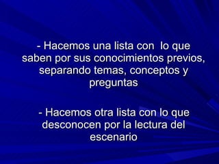 - Hacemos una lista con  lo que saben por sus conocimientos previos, separando temas, conceptos y preguntas     - Hacemos otra lista con lo que desconocen por la lectura del escenario 