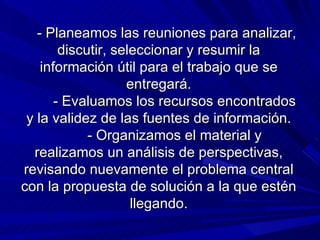       - Planeamos las reuniones para analizar, discutir, seleccionar y resumir la información útil para el trabajo que se entregará.          - Evaluamos los recursos encontrados y la validez de las fuentes de información.          - Organizamos el material y realizamos un análisis de perspectivas, revisando nuevamente el problema central con la propuesta de solución a la que estén llegando.   