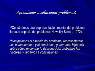 Aprendemos a solucionar problemas : * Construimos una  representación mental del problema, llamado espacio del problema (Newell y Simon, 1972). * Manipulamos el espacio del problema, representamos sus componentes, y dimensiones, generamos hipótesis sobre cómo encontrar lo desconocido, probamos las hipótesis y llegamos a conclusiones 