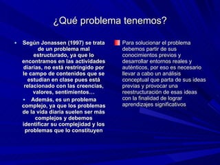 ¿Qué problema tenemos? Según Jonassen (1997) se trata de un problema mal estructurado, ya que lo encontramos en las actividades diarias, no está restringido por le campo de contenidos que se estudian en clase pues está relacionado con las creencias, valores, sentimientos… Además, es un problema complejo, ya que los problemas de la vida diaria suelen ser más complejos y debemos identificar su complejidad y los problemas que lo constituyen Para solucionar el problema debemos partir de sus conocimientos previos y desarrollar entornos reales y auténticos, por eso es necesario llevar a cabo un análisis conceptual que parta de sus ideas previas y provocar una reestructuración de esas ideas con la finalidad de lograr aprendizajes significativos 