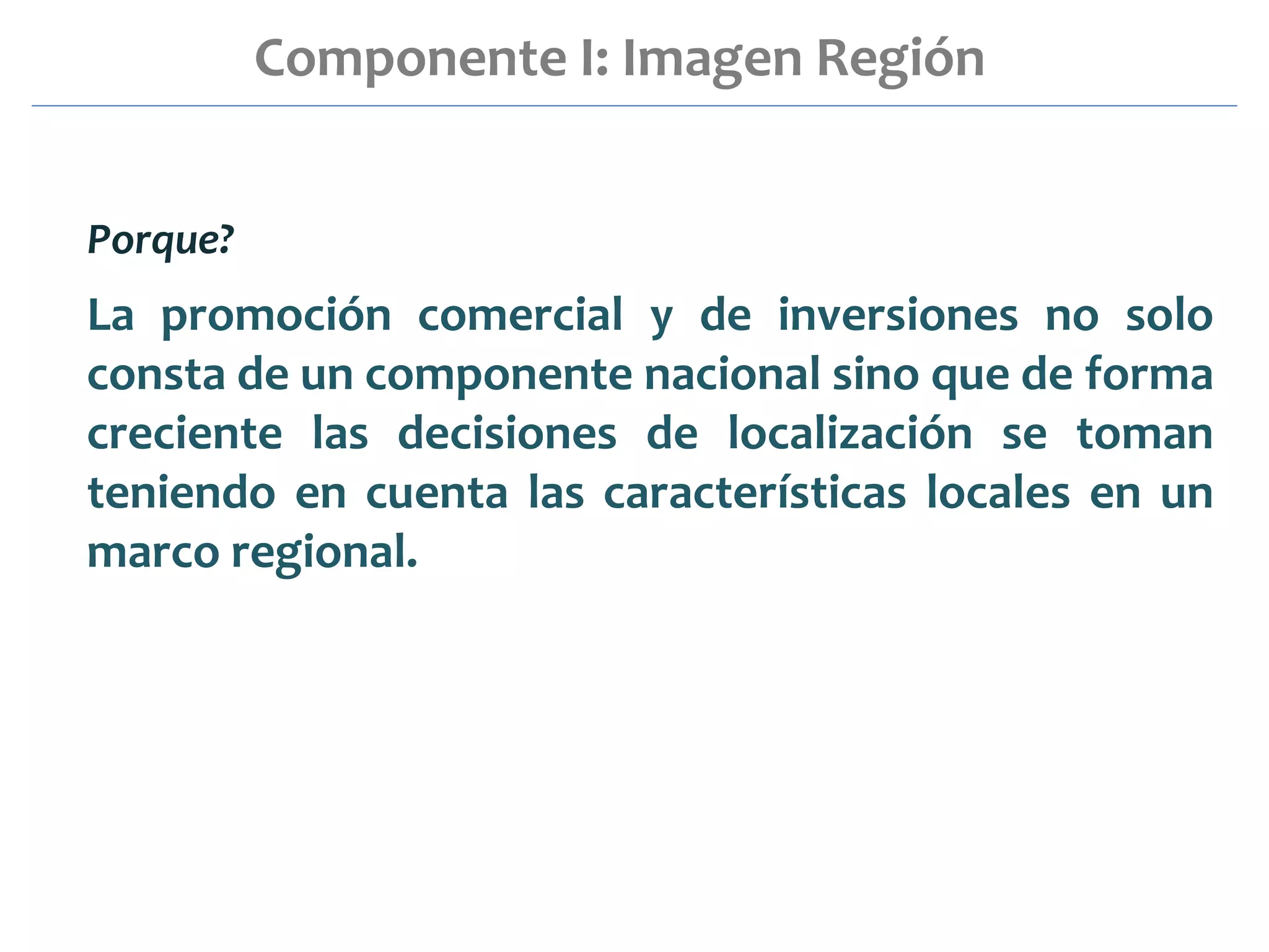 Componente I: Imagen Región
Porque?
La promoción comercial y de inversiones no solo
consta de un componente nacional sino que de forma
creciente las decisiones de localización se toman
teniendo en cuenta las características locales en un
marco regional.
 