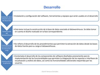 Desarrollo
Instalación de la
infraestructura
de desarrollo
•Instalación y configuración del software, herramientas y equipos que serán usados en el desarrollo
Construcción
del
datawarehouse
•Esta tarea incluye la construcción de la base de datos asociada al datawarehouse. Se debe tomar
en cuenta el diseño realizado en la fase correspondiente.
Construcción de
procedimientos
de extracción y
carga
•Se refiere al desarrollo de los procedimientos que permiten la extracción de datos desde las bases
de datos fuente para su carga al datawarehouse.
Construcción de
la aplicación
•Contempla el desarrollo de los componentes de software diseñados previamente para la
implementación de las funcionalidades que permiten la integración de los reportes e interfaces de
visualización y análisis de datos, así como las funcionalidades adicionales requeridas por los
usuarios.
Daniel Ventura González
 