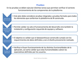 Pruebas:
En las pruebas se deben ejecutar distintas tareas que permitan verificar el correcto
funcionamiento de los componentes de la plataforma.
Definición del
plan de pruebas
• Este plan debe considerar pruebas integradas y pruebas formales para todos
los elementos que conforman la plataforma de BI construida.
Instalación del
ambiente de
pruebas
• Permite validar no solo el funcionamiento del desarrollo sino también la
instalación y configuración requerida de equipos y software.
Verificación del
datawarehouse
• El objetivo es validar que el datawarehouse construido cumpla con los
requerimientos de datos definidos y con el diseño previamente realizado.
Pruebas de
aplicación
• Verificar el buen funcionamiento de las distintas funcionalidades de la
aplicación, así como validar que estas funcionalidades cubran las
expectativas definidos por los usuarios.
Daniel Ventura González
 
