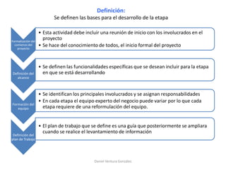 Definición:
Se definen las bases para el desarrollo de la etapa
Formalización del
comienzo del
proyecto
• Esta actividad debe incluir una reunión de inicio con los involucrados en el
proyecto
• Se hace del conocimiento de todos, el inicio formal del proyecto
Definición del
alcance
• Se definen las funcionalidades específicas que se desean incluir para la etapa
en que se está desarrollando
Formación del
equipo
• Se identifican los principales involucrados y se asignan responsabilidades
• En cada etapa el equipo experto del negocio puede variar por lo que cada
etapa requiere de una reformulación del equipo.
Definición del
plan de Trabajo
• El plan de trabajo que se define es una guía que posteriormente se ampliara
cuando se realice el levantamiento de información
Daniel Ventura González
 