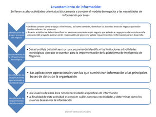 Levantamiento de información:
Se llevan a cabo actividades orientadas básicamente a conocer el modelo de negocios y las necesidades de
información por áreas
Identificación de
áreas y procesos
del negocio
•Se desea conocer cómo trabaja a nivel macro, así como también, identificar las distintas áreas del negocio que están
involucradas en los procesos
•.En esta actividad se deben identificar las personas conocedoras del negocio que estarán a cargo por cada área durante la
ejecución del proyecto quienes serán responsables de proveer y validar requerimientos e información para el desarrollo
Levantamiento de
la infraestructura
tecnológica
•Con el análisis de la infraestructura, se pretende identificar las limitaciones o facilidades
tecnológicas con que se cuentan para la implementación de la plataforma de Inteligencia de
Negocios.
Identificación de
las aplicaciones
operacionales y
fuentes de datos
• Las aplicaciones operacionales son las que suministran información a las principales
bases de datos de la organización
Identificación de
requerimientos
de información
•Los usuarios de cada área tienen necesidades específicas de información
•La finalidad de esta actividad es conocer cuáles son esas necesidades y determinar cómo los
usuarios desean ver la información
Daniel Ventura González
 