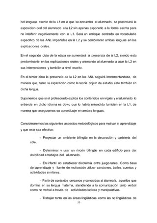 20
del lenguaje escrito de la L1 en la que se encuentra el alumnado, se potenciará la
exposición oral del alumnado a la L2 sin apenas exponerlo a la forma escrita para
no interferir negativamente con la L1. Será un enfoque centrado en vocabulario
específico de las ANL impartidas en la L2 y se combinaran ambas lenguas en las
explicaciones orales.
En el segundo ciclo de la etapa se aumentará la presencia de la L2, siendo esta
predominante en las explicaciones orales y animando al alumnado a usar la L2 en
sus intervenciones y también a nivel escrito.
En el tercer ciclo la presencia de la L2 en las ANL seguirá incrementándose, de
manera que, tanto la explicación como la teoría objeto de estudio esté también en
dicha lengua.
Suponemos que si el profesorado explica los contenidos en inglés y el alumnado lo
entiende en dicho idioma es obvio que lo habrá entendido también en la L1, de
manera que aseguramos su aprendizaje en ambas lenguas.
Consideraremos los siguientes aspectos metodológicos para motivar el aprendizaje
y que este sea efectivo:
- Proyectar un ambiente bilingüe en la decoración y cartelería del
cole.  
- Determinar y usar un rincón bilingüe en cada edificio para dar
visibilidad a trabajos del  alumnado.  
- En infantil no establecer dicotomía entre juego-tarea. Como base
del aprendizaje y  fuente de motivación utilizar canciones, bailes, cuentos y
actividades similares. 
- Partir de contextos cercanos y conocidos al alumno/a, aquellos que
domina en su lengua materna, atendiendo a la comunicación tanto verbal
como no verbal a través de  actividades lúdicas y manipulativas.  
- Trabajar tanto en las áreas lingüísticas como las no lingüísticas de
 