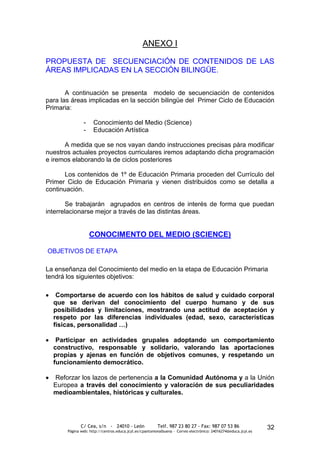 ANEXO I

PROPUESTA DE SECUENCIACIÓN DE CONTENIDOS DE LAS
ÁREAS IMPLICADAS EN LA SECCIÓN BILINGÜE.

       A continuación se presenta modelo de secuenciación de contenidos
para las áreas implicadas en la sección bilingüe del Primer Ciclo de Educación
Primaria:

               -     Conocimiento del Medio (Science)
               -     Educación Artística

      A medida que se nos vayan dando instrucciones precisas pàra modificar
nuestros actuales proyectos curriculares iremos adaptando dicha programación
e iremos elaborando la de ciclos posteriores

       Los contenidos de 1º de Educación Primaria proceden del Currículo del
Primer Ciclo de Educación Primaria y vienen distribuidos como se detalla a
continuación.

        Se trabajarán agrupados en centros de interés de forma que puedan
interrelacionarse mejor a través de las distintas áreas.


                   CONOCIMENTO DEL MEDIO (SCIENCE)

OBJETIVOS DE ETAPA

La enseñanza del Conocimiento del medio en la etapa de Educación Primaria
tendrá los siguientes objetivos:

   Comportarse de acuerdo con los hábitos de salud y cuidado corporal
  que se derivan del conocimiento del cuerpo humano y de sus
  posibilidades y limitaciones, mostrando una actitud de aceptación y
  respeto por las diferencias individuales (edad, sexo, características
  físicas, personalidad …)

   Participar en actividades grupales adoptando un comportamiento
  constructivo, responsable y solidario, valorando las aportaciones
  propias y ajenas en función de objetivos comunes, y respetando un
  funcionamiento democrático.

  Reforzar los lazos de pertenencia a la Comunidad Autónoma y a la Unión
  Europea a través del conocimiento y valoración de sus peculiaridades
  medioambientales, históricas y culturales.




              C/ Cea, s/n - 24010 - León                 Telf. 987 23 80 27 - Fax: 987 07 53 86                  32
       Página web: http://centros.educa.jcyl.es/cpantoniovalbuena - Correo electrónico: 24016274@educa.jcyl.es
 